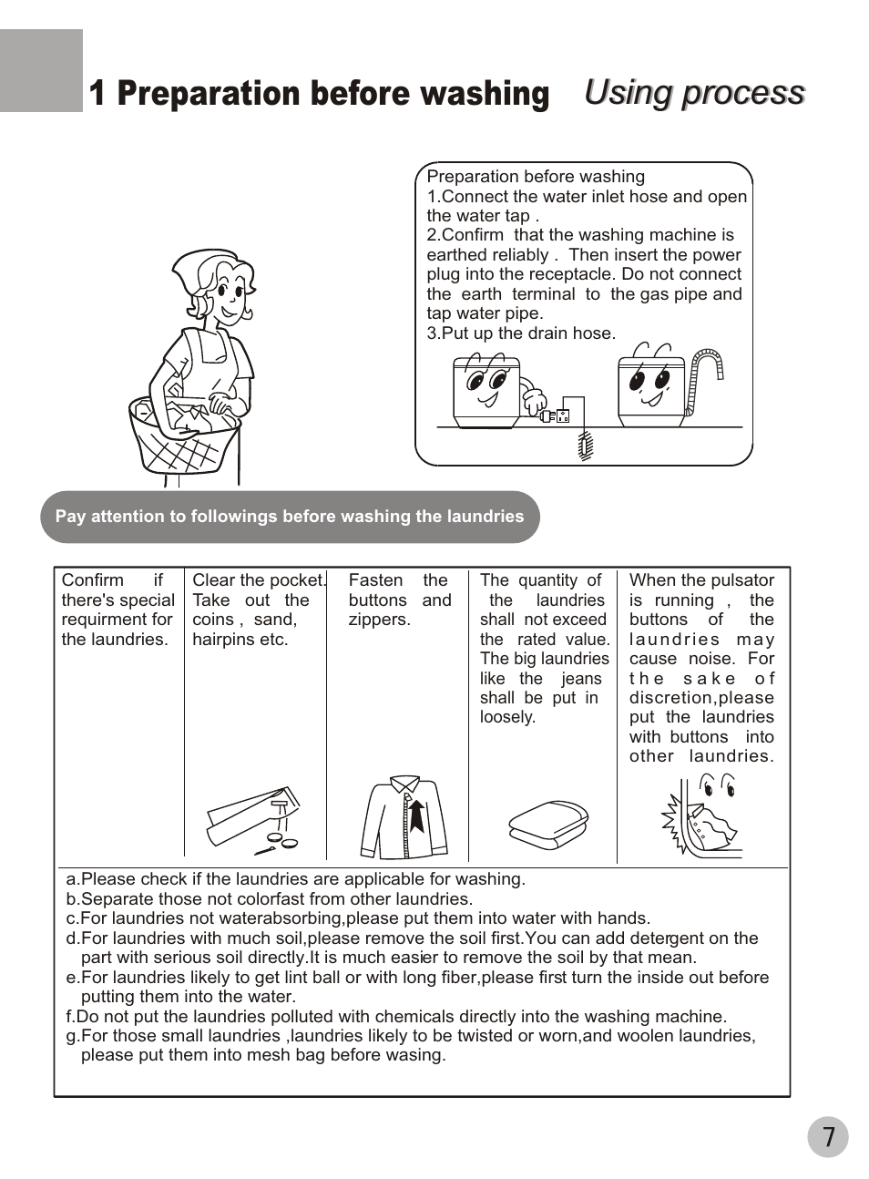 Using process, Using process 1 preparation before washing | haier XQB42-62 User Manual | Page 9 / 20