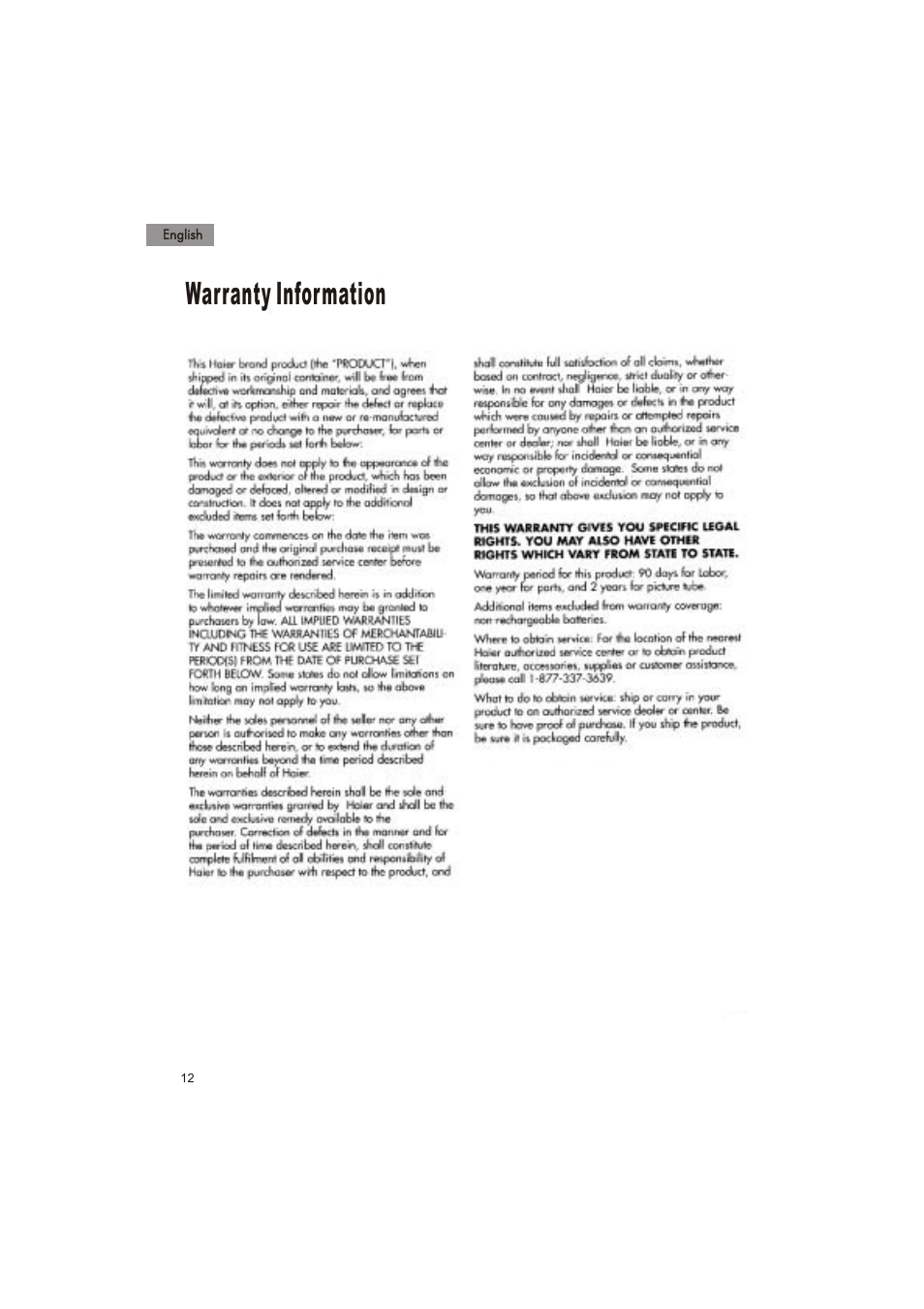 Warranty information | haier HTX25S31 User Manual | Page 13 / 41