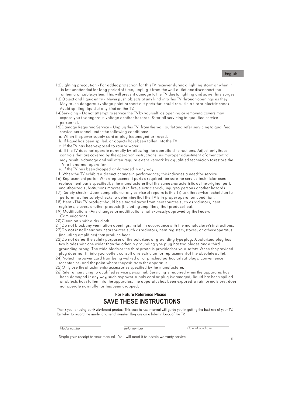 Save these instructions | haier HTX25S31 User Manual | Page 4 / 41