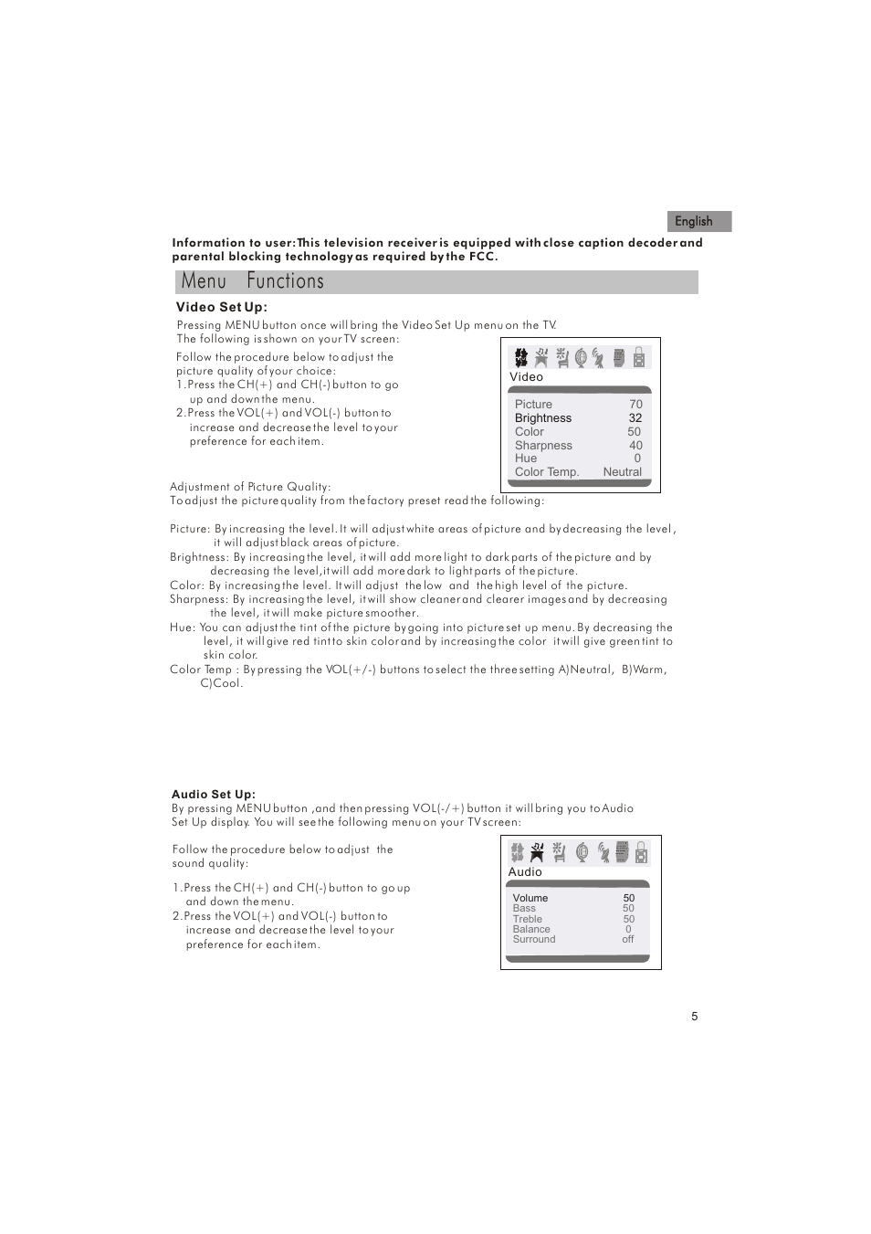 Menu functions, English, Video set up | haier HTX25S31 User Manual | Page 6 / 41