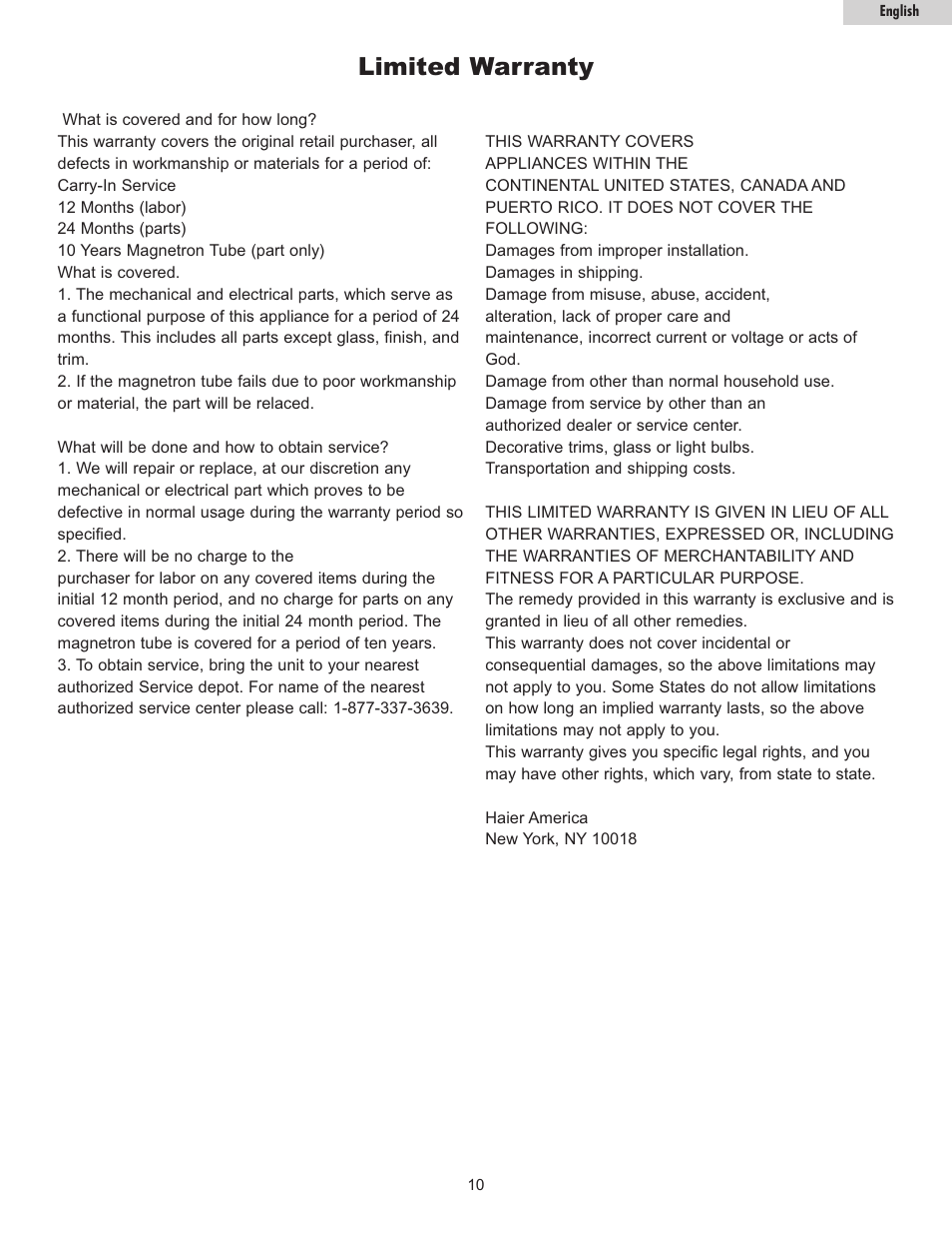 Limited warranty | haier MWG7036RW/B User Manual | Page 11 / 12