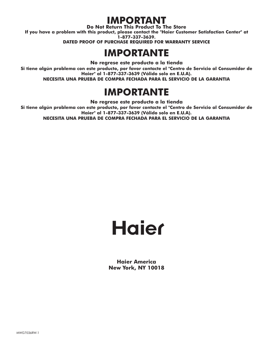 Important, Importante | haier MWG7036RW/B User Manual | Page 12 / 12