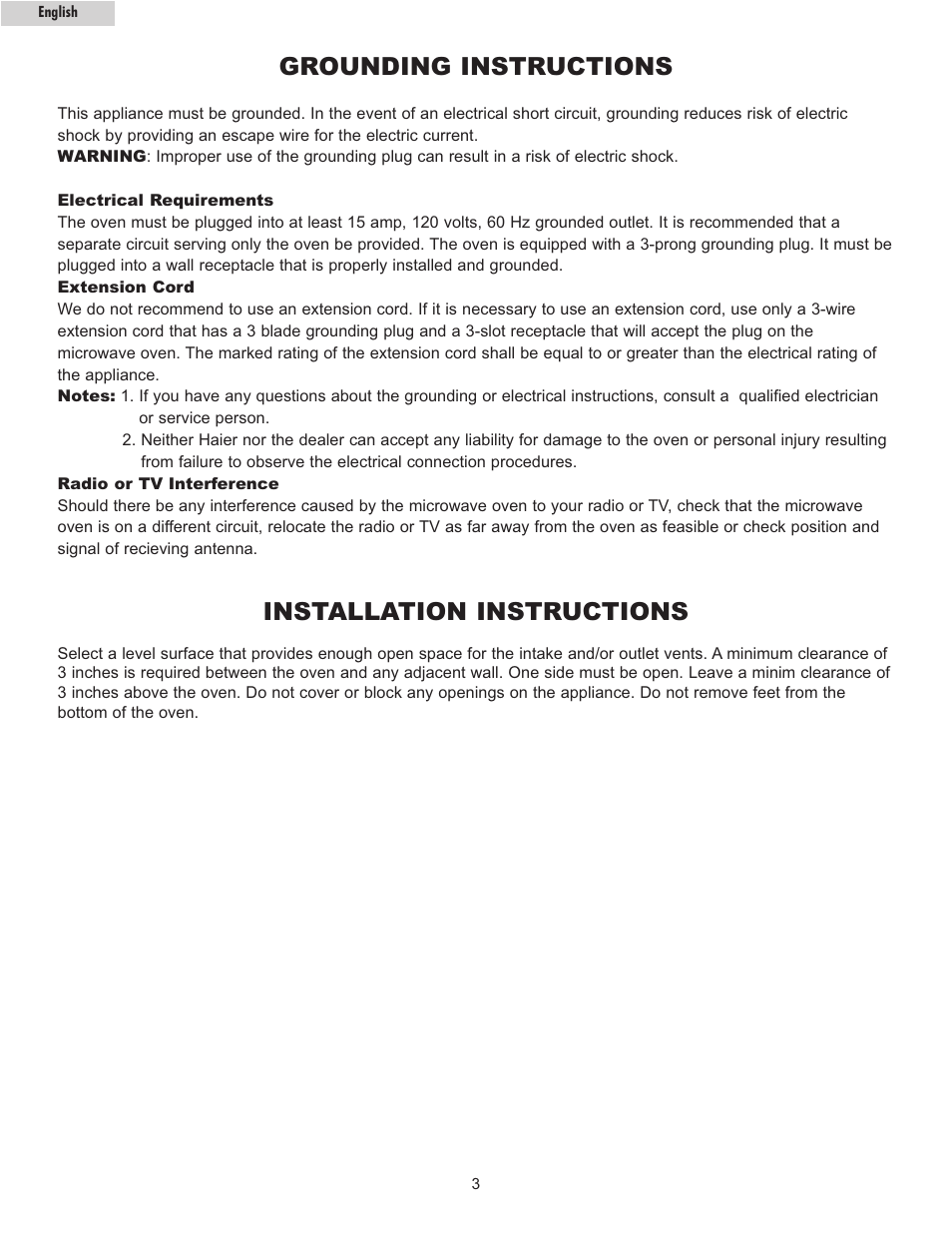 Grounding instructions, Installation instructions | haier MWG7036RW/B User Manual | Page 4 / 12