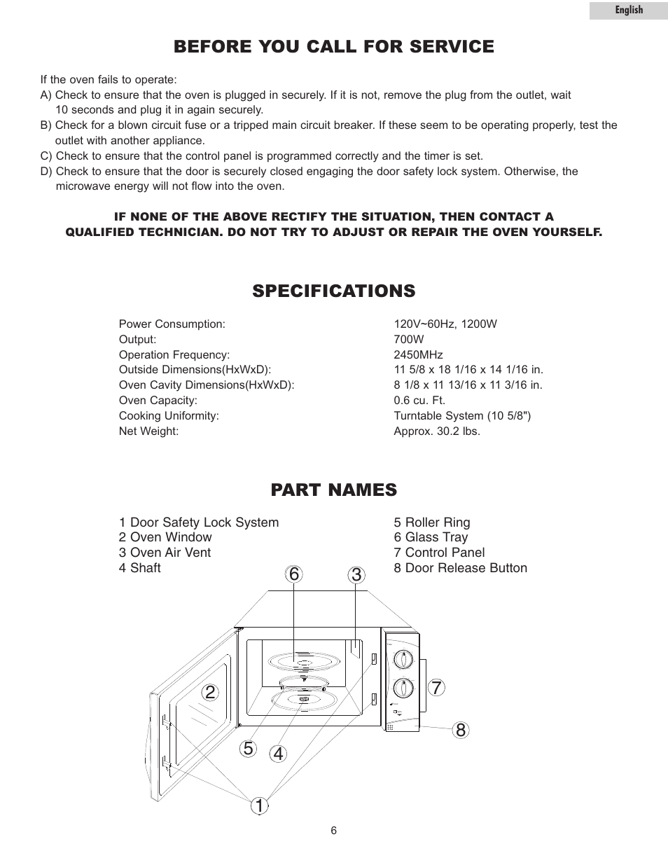 Before you call for service, Specifications, Part names | haier MWG7036RW/B User Manual | Page 7 / 12