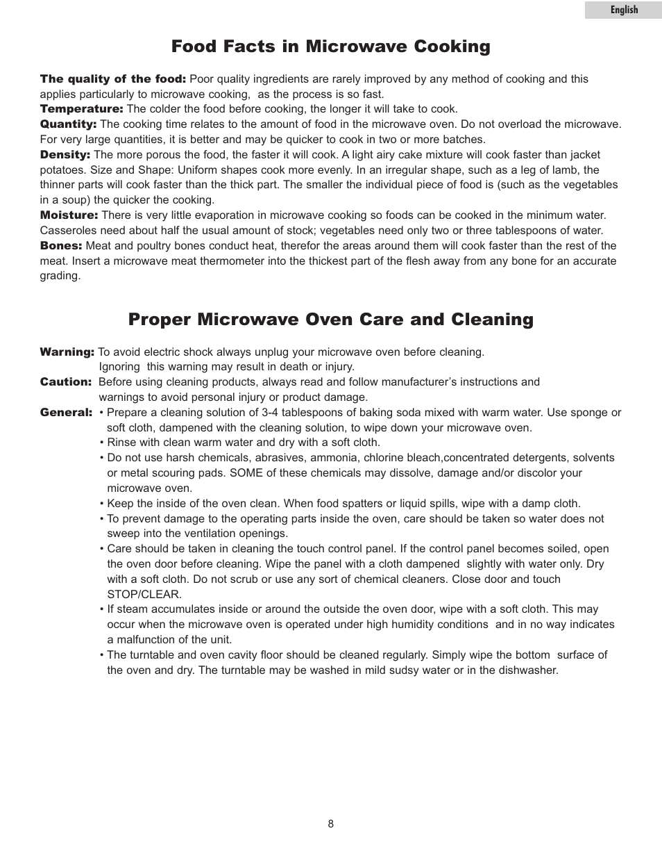 Food facts in microwave cooking, Proper microwave oven care and cleaning | haier MWG7036RW/B User Manual | Page 9 / 12