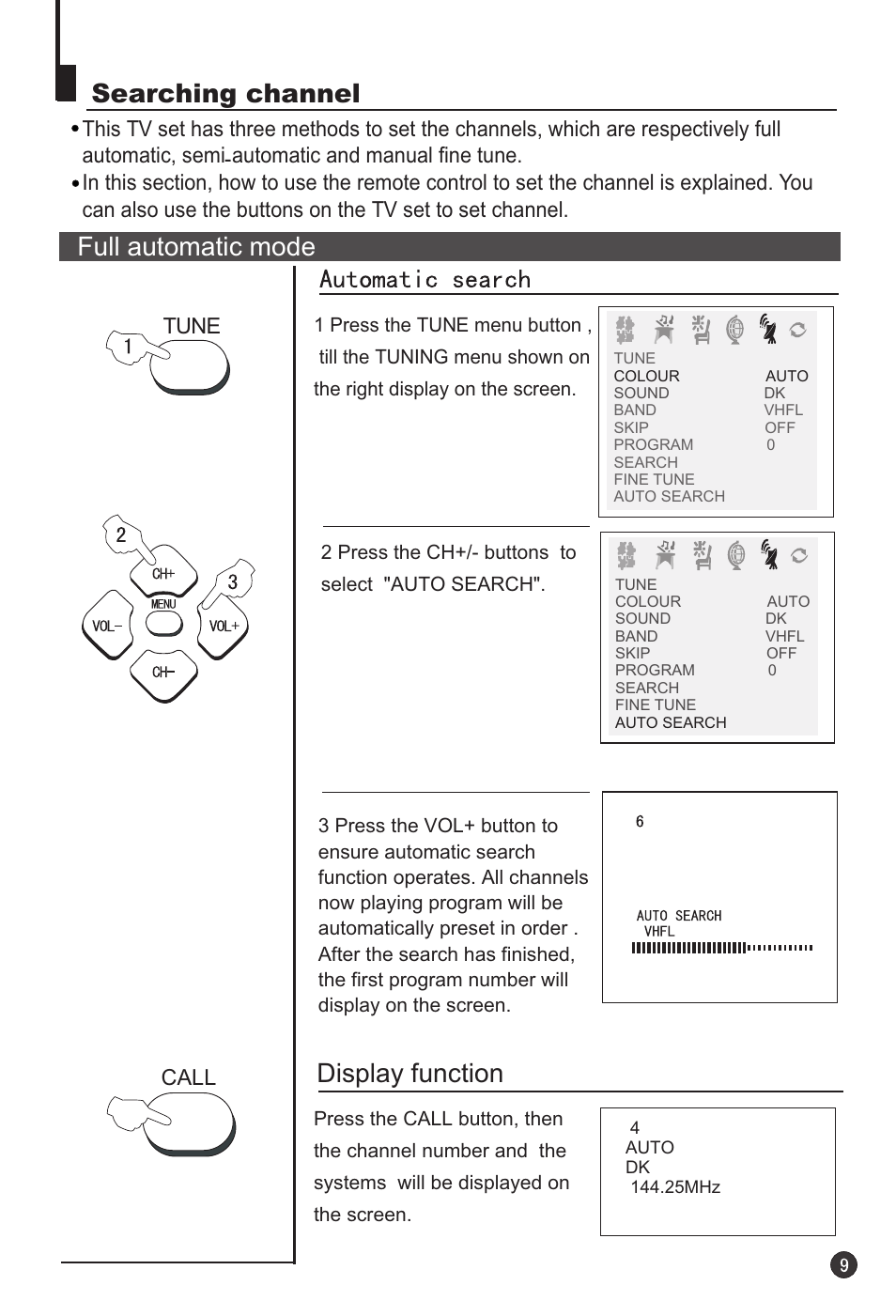 Searching channel, Full automatic mode, Display function | haier 29F3A User Manual | Page 11 / 32