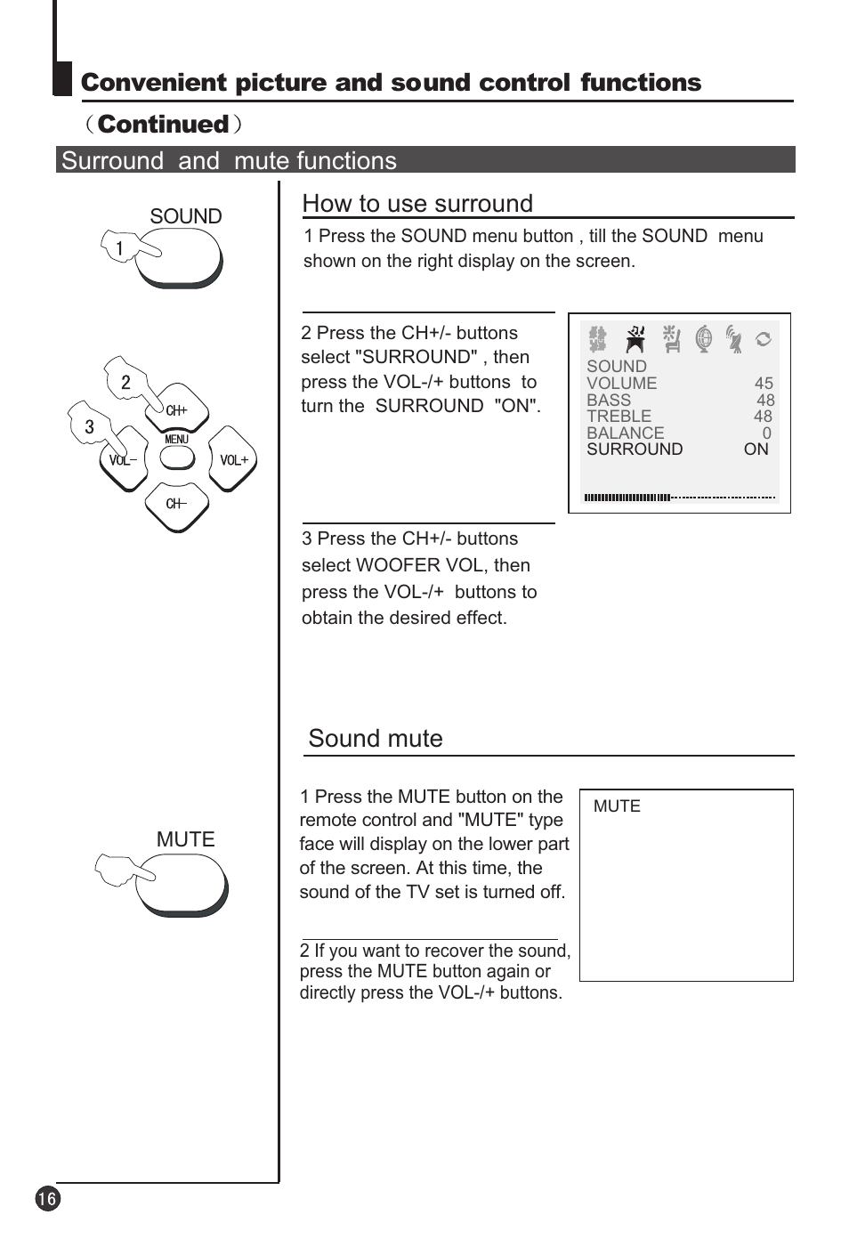 Sound mute, Surround and mute functions | haier 29F3A User Manual | Page 18 / 32