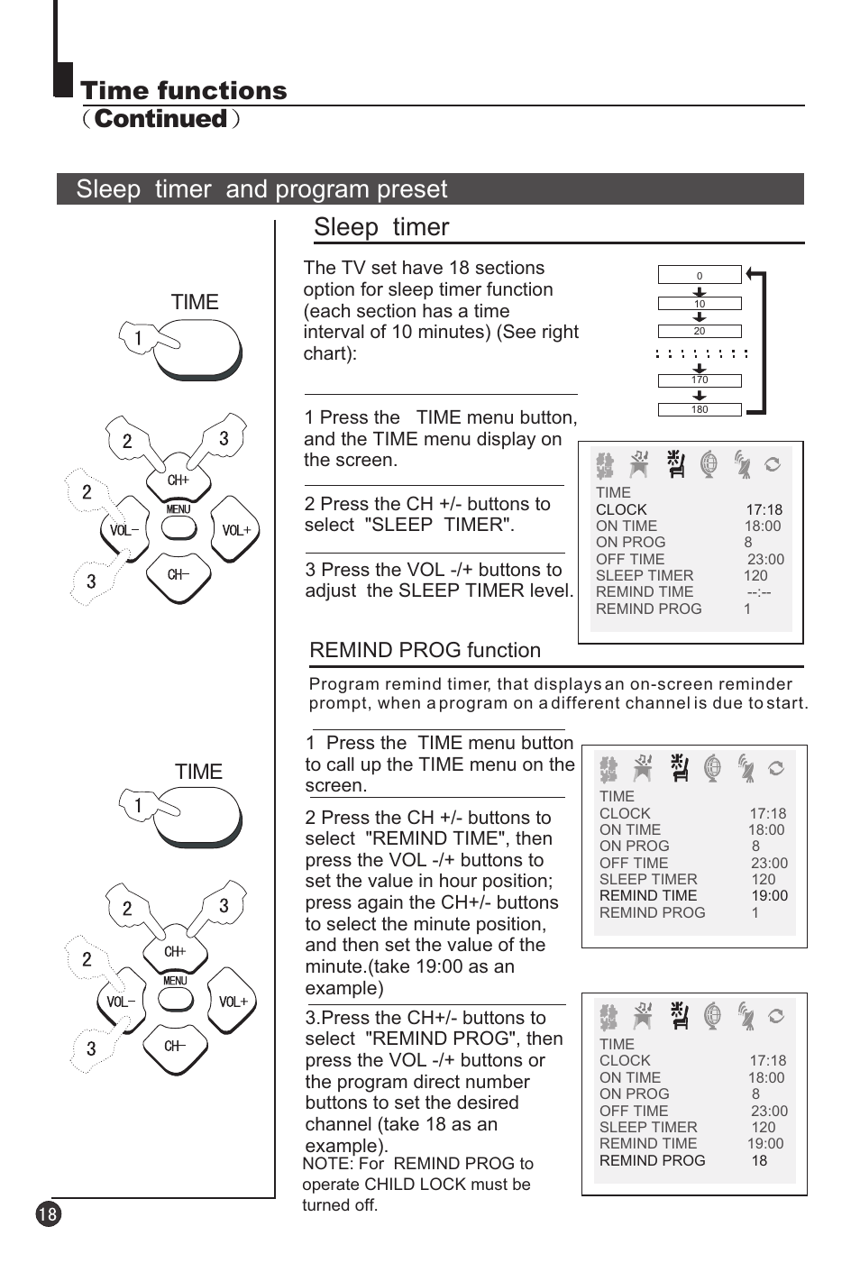 Sleep timer and program preset sleep timer, Time functions continued | haier 29F3A User Manual | Page 20 / 32