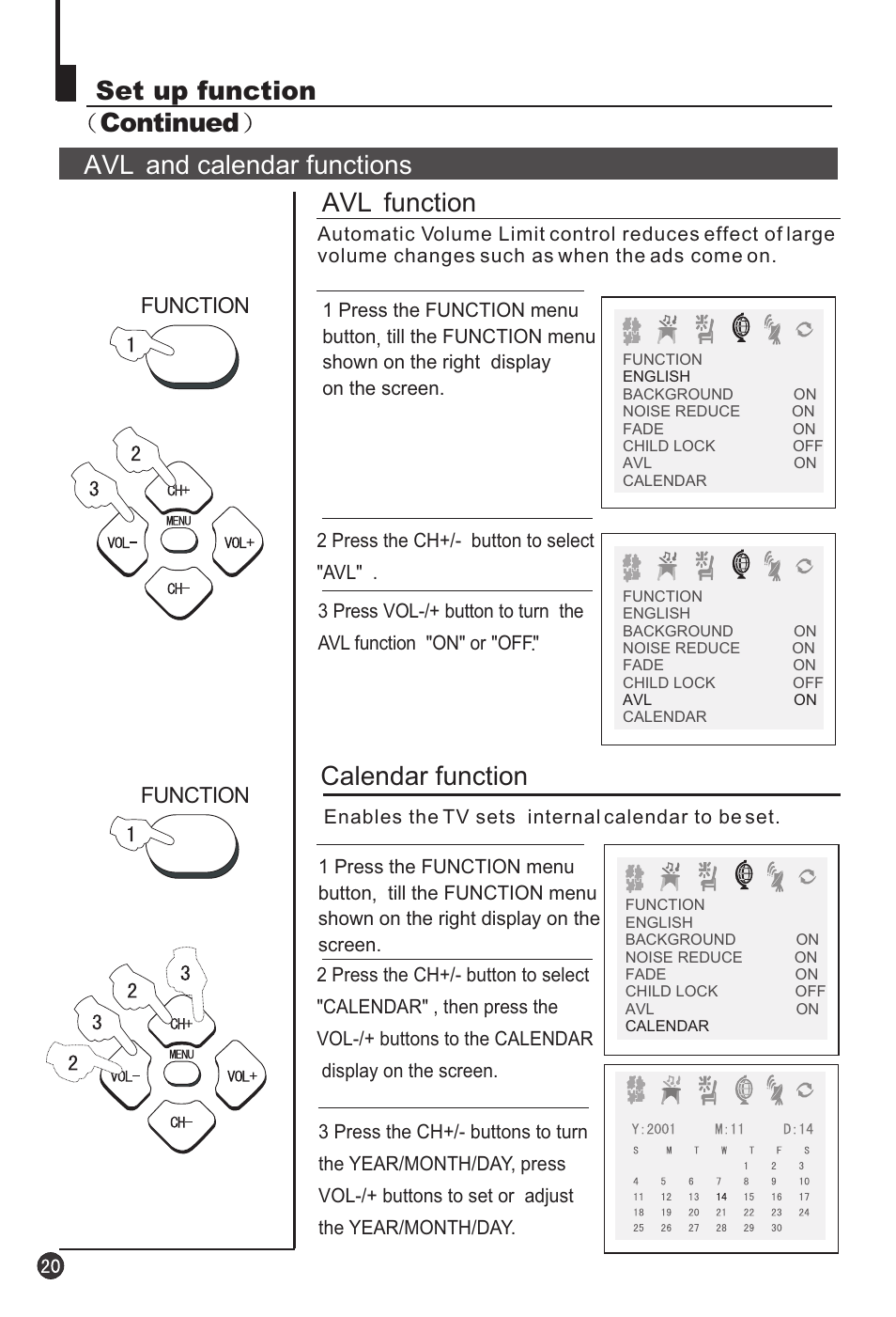 Calendar function, Avl function | haier 29F3A User Manual | Page 22 / 32