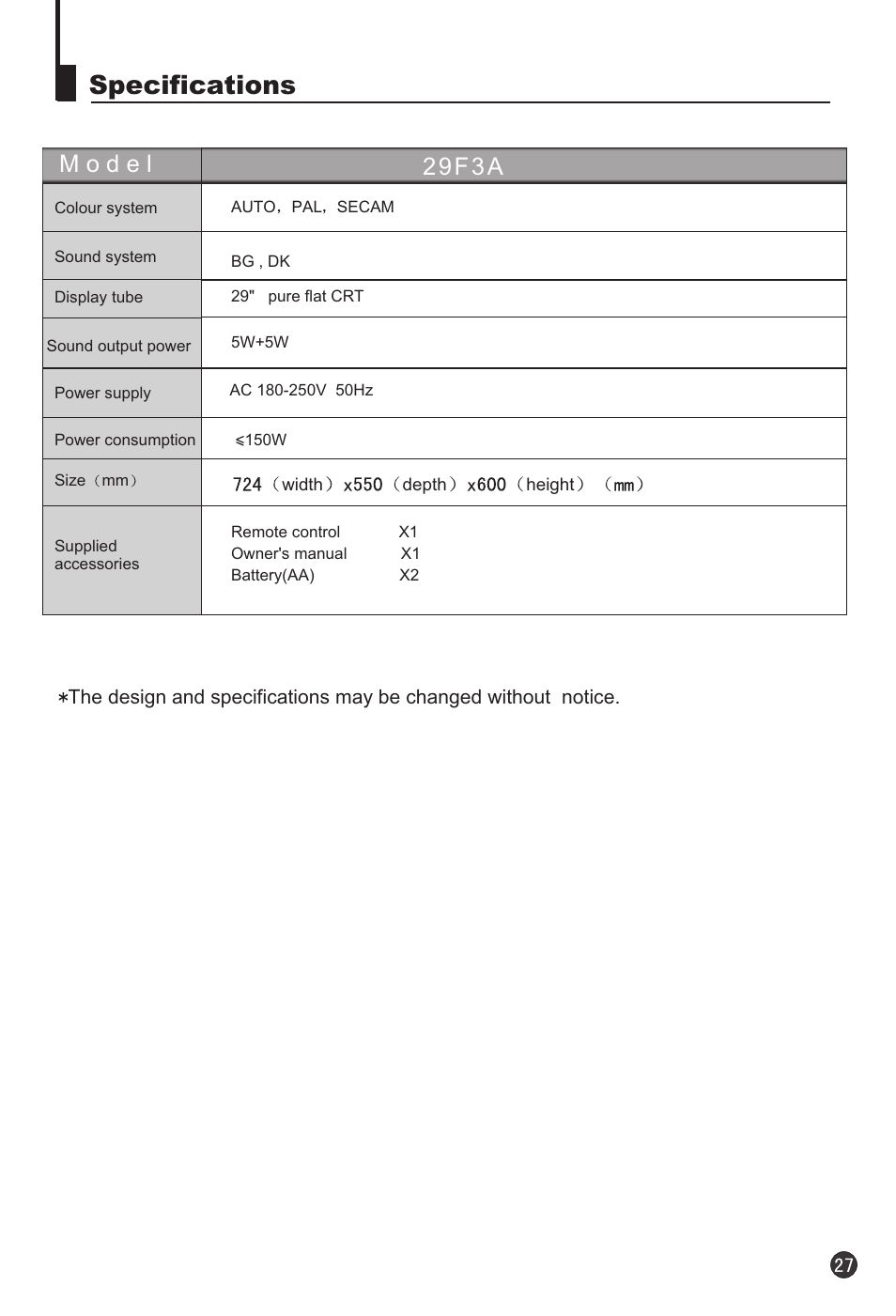 Specifications, 2 9 f 3 a | haier 29F3A User Manual | Page 29 / 32