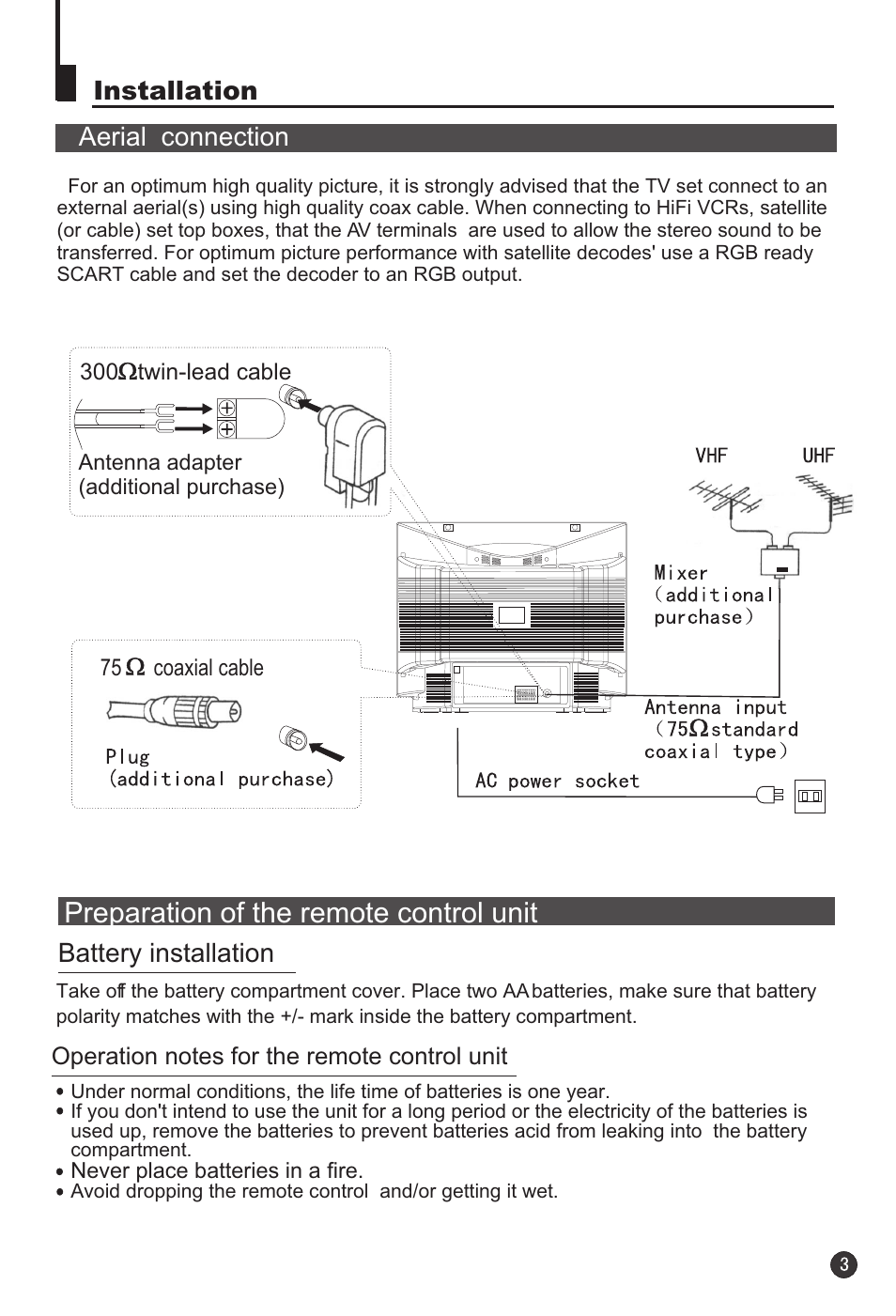 Preparation of the remote control unit, Battery installation, Installation aerial connection | haier 29F3A User Manual | Page 5 / 32