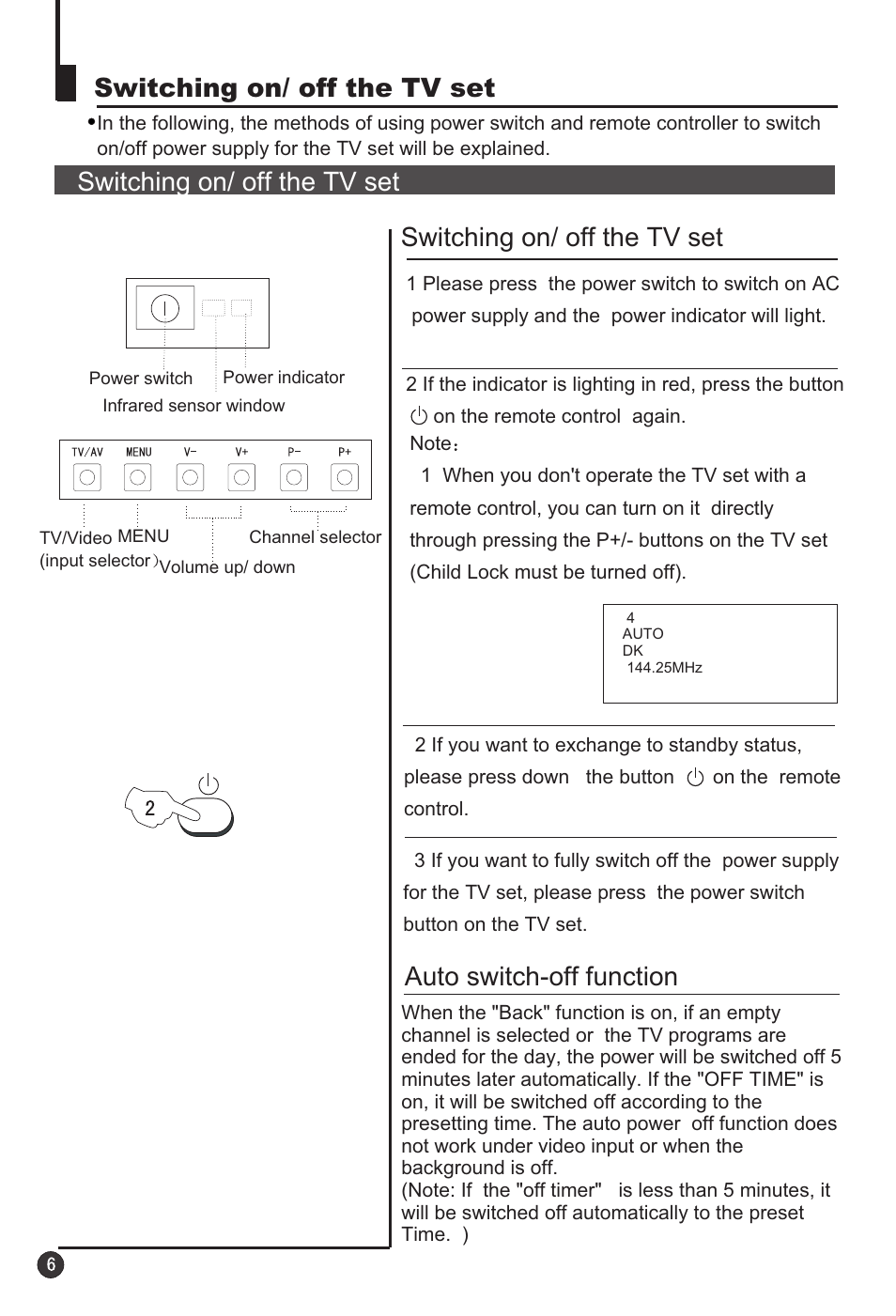 Switching on/ off the tv set, Auto switch-off function | haier 29F3A User Manual | Page 8 / 32