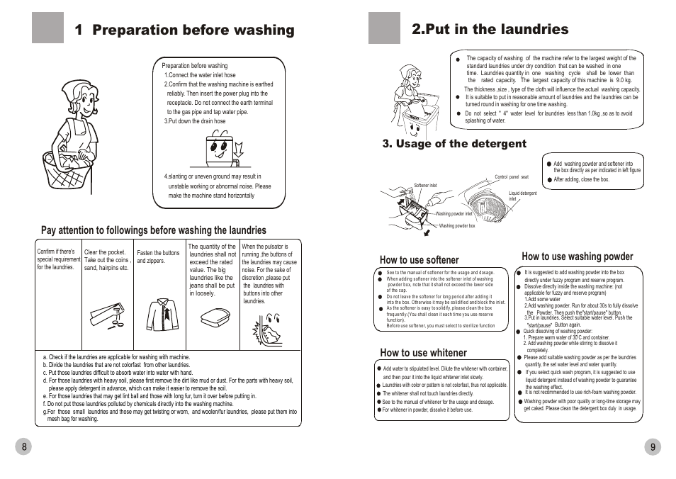 Put in the laundries, 1 preparation before washing, How to use whitener how to use washing powder | Usage of the detergent, How to use softener | haier HWM90-0566 User Manual | Page 10 / 10