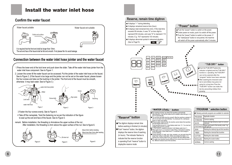 Install the water inlet hose, Confirm the water faucet, Reserve, remain time digitron | Power" button, Reserve" button | haier HWM90-0566 User Manual | Page 8 / 10