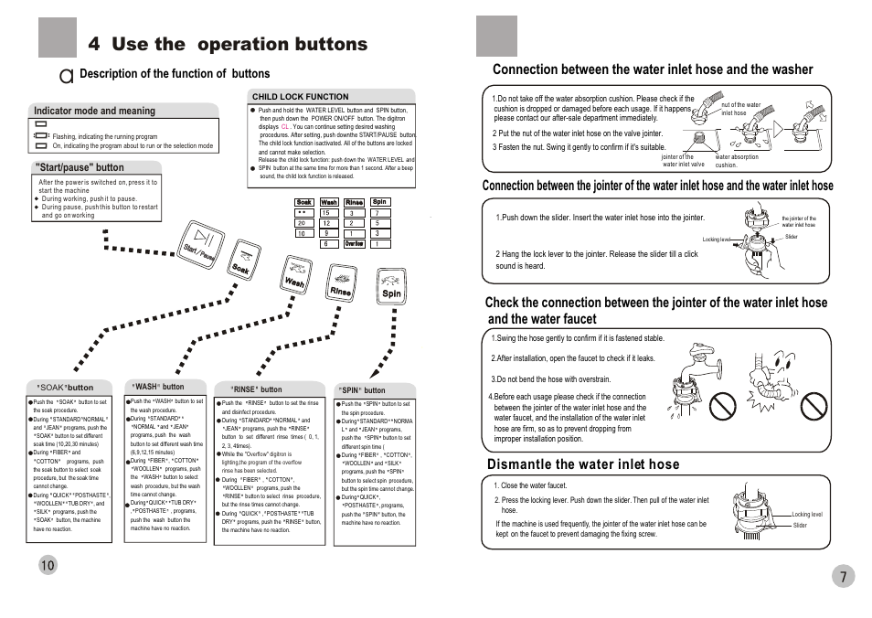 4 use the operation buttons, Dismantle the water inlet hose, Description of the function of buttons | haier HWM90-0566 User Manual | Page 9 / 10
