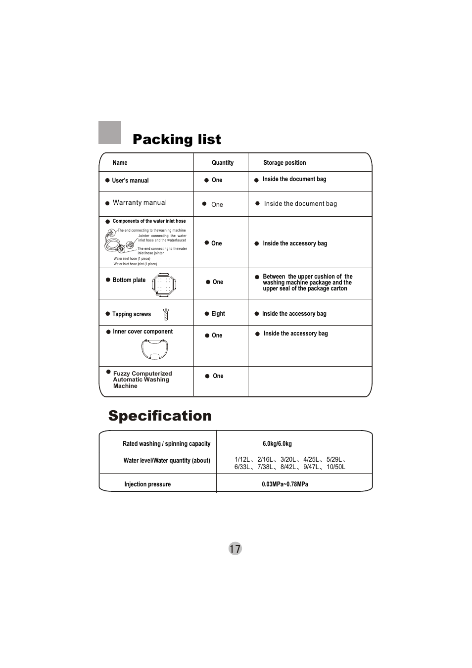 Specification, Packing list | haier XQS60-78H User Manual | Page 19 / 19