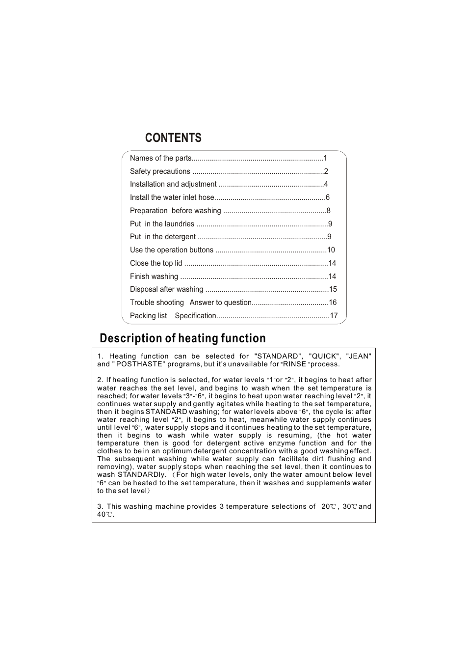 Description of heating function contents | haier XQS60-78H User Manual | Page 2 / 19