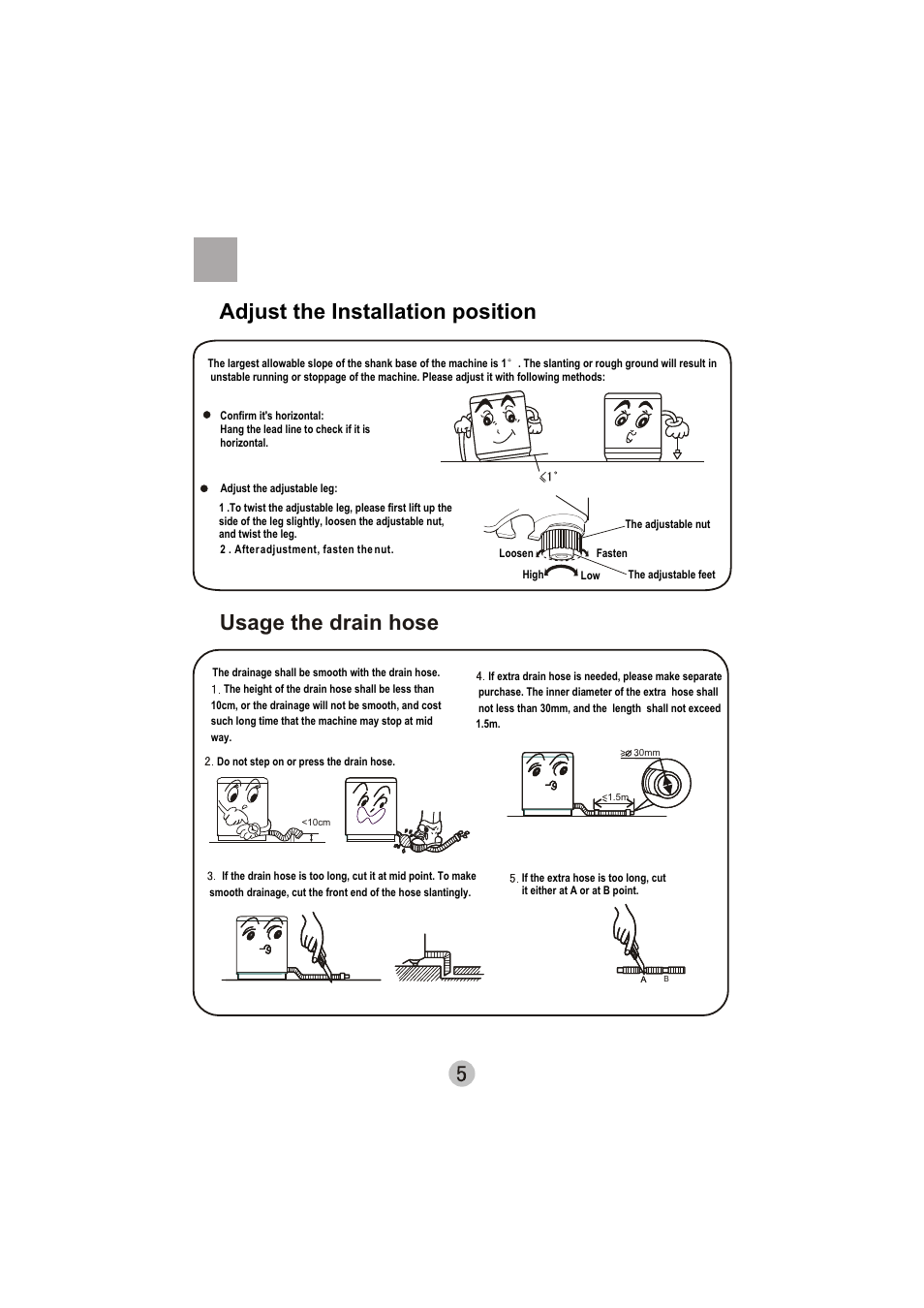 Usage the drain hose, Adjust the installation position | haier XQS60-78H User Manual | Page 7 / 19