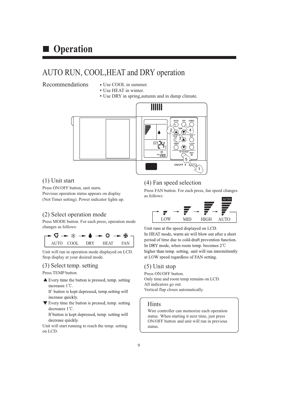 Operation, Auto run, cool,heat and dry operation | haier AB482XCAAA AB242XCAAA User Manual | Page 11 / 35