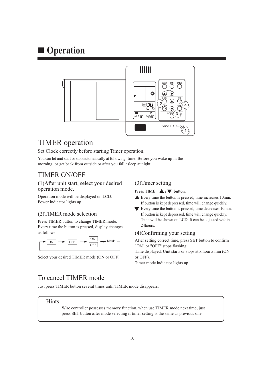 Operation, Timer operation, Timer on/off to cancel timer mode | Hints | haier AB482XCAAA AB242XCAAA User Manual | Page 12 / 35