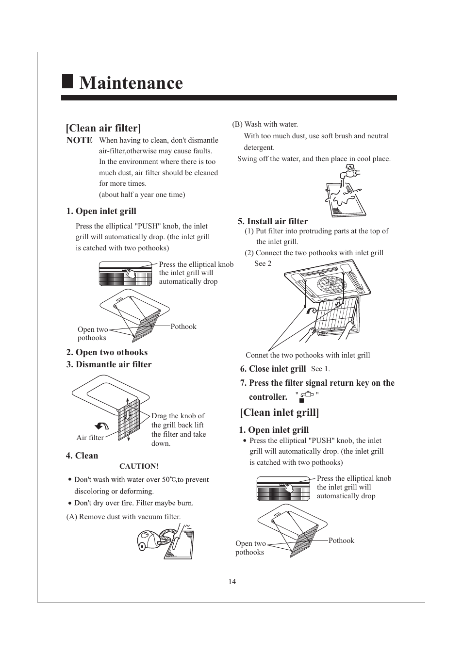 Maintenance, Clean inlet grill, Clean air filter | haier AB482XCAAA AB242XCAAA User Manual | Page 16 / 35