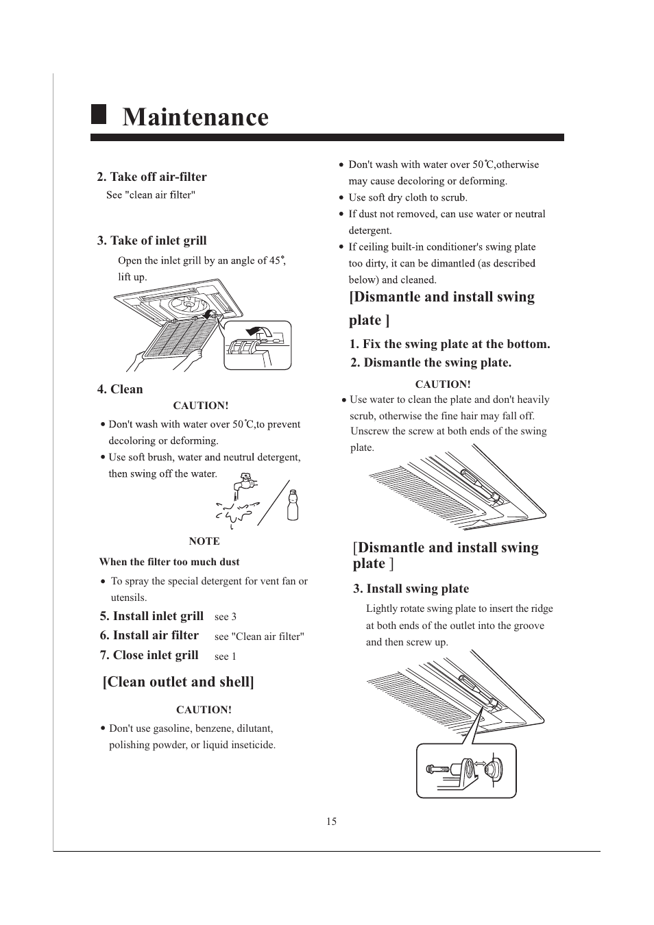 Maintenance, Clean outlet and shell, Dismantle and install swing plate | haier AB482XCAAA AB242XCAAA User Manual | Page 17 / 35