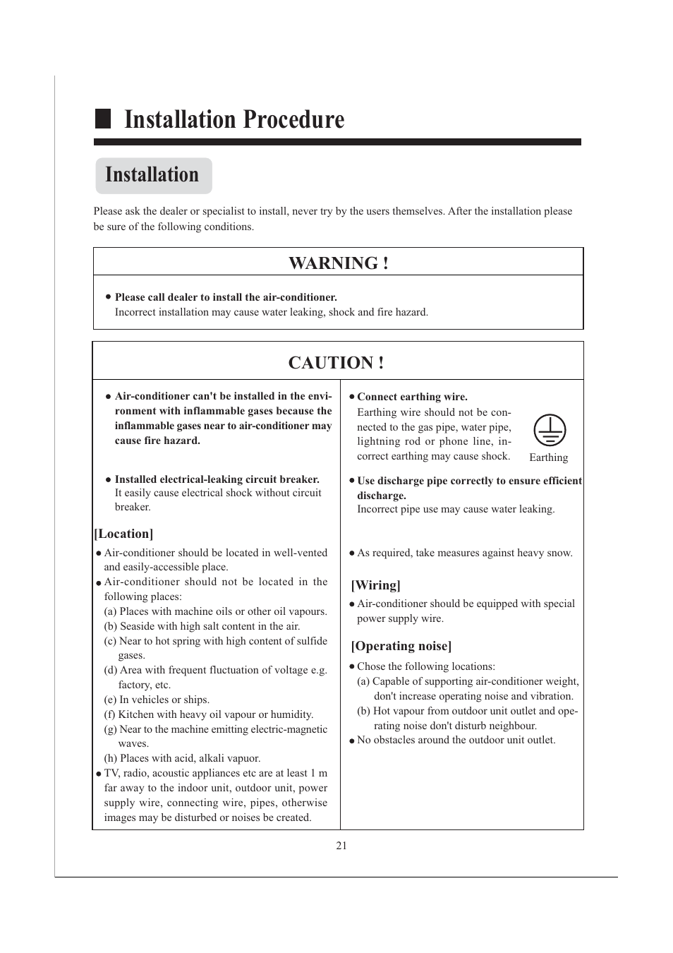 Installation procedure, Installation, Warning ! caution | haier AB482XCAAA AB242XCAAA User Manual | Page 23 / 35