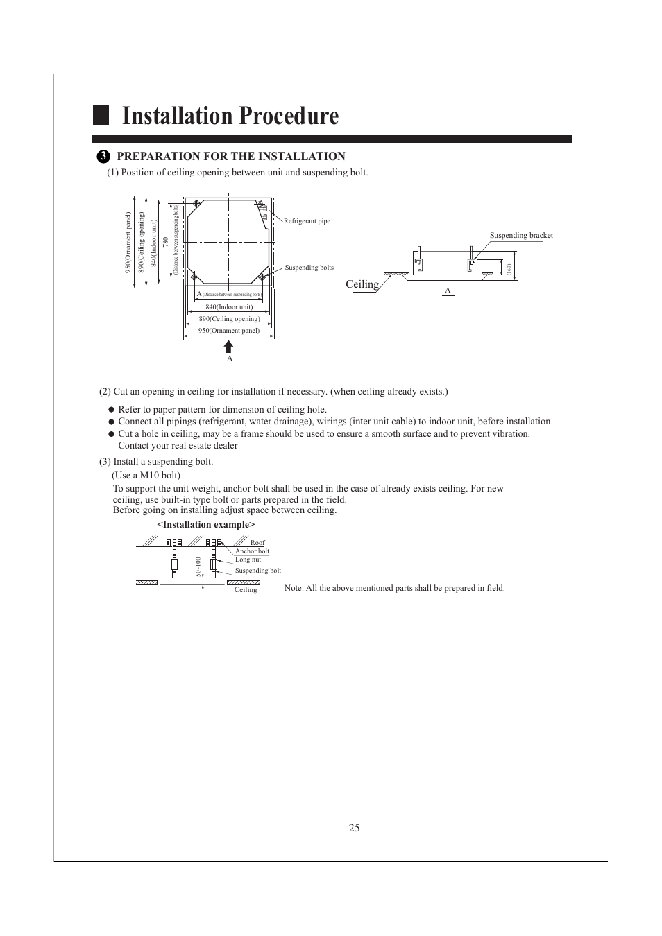 Installation procedure, Preparation for the installation, Ceiling | haier AB482XCAAA AB242XCAAA User Manual | Page 27 / 35