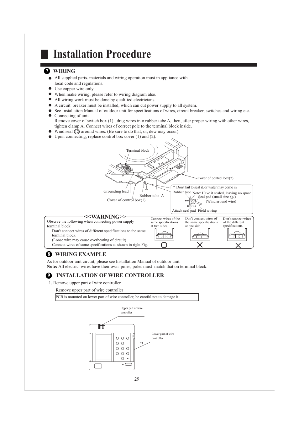 Installation procedure, Warning, Wiring example 8 9 7. wiring | 7installation of wire controller | haier AB482XCAAA AB242XCAAA User Manual | Page 31 / 35