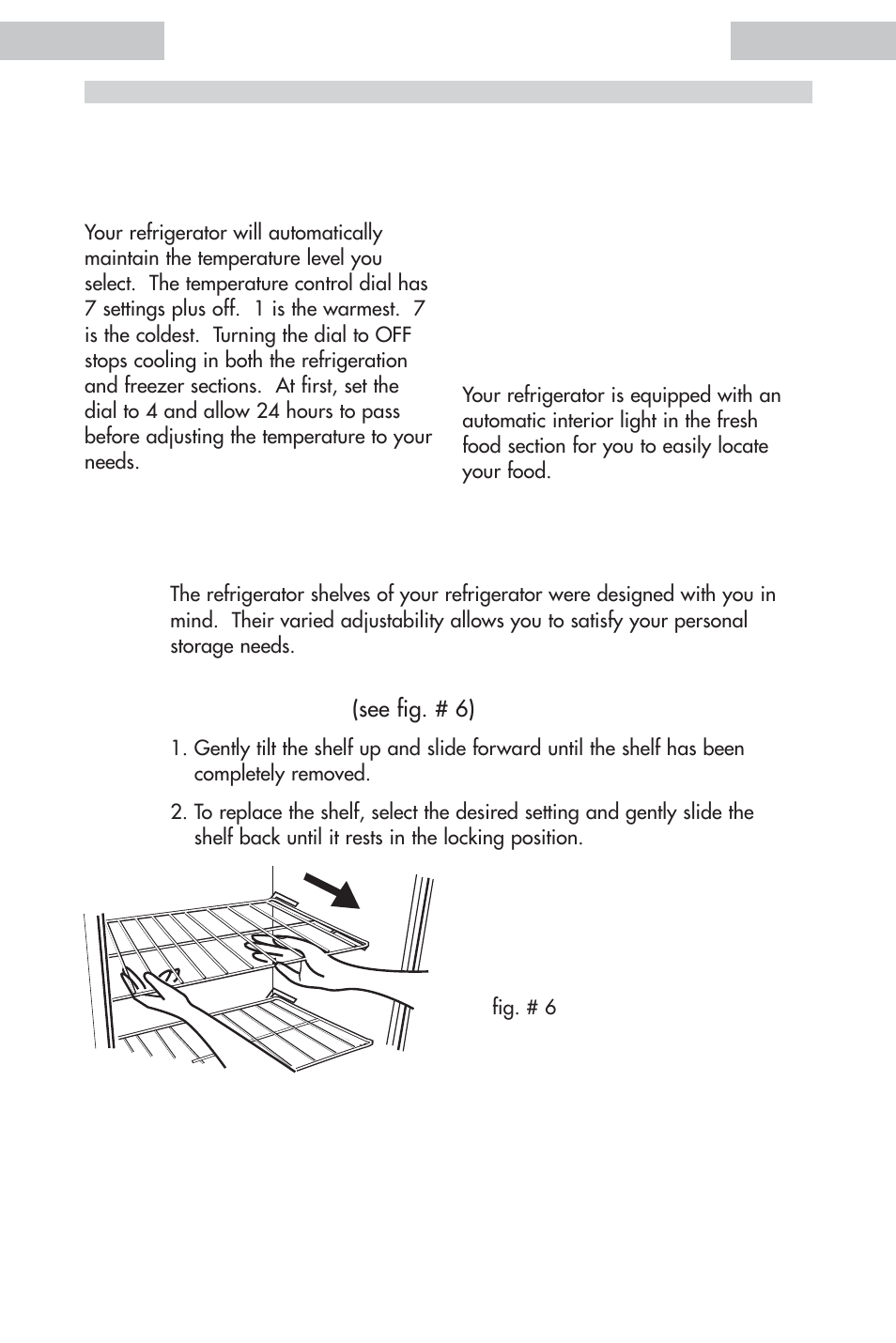 Refrigerator features and use, General features, Refrigerator interior shelves | haier HDE11WNA User Manual | Page 11 / 68