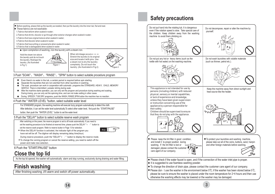 Safety precautions, Finish washing, Close the top lid | haier HWM65-828 User Manual | Page 5 / 10
