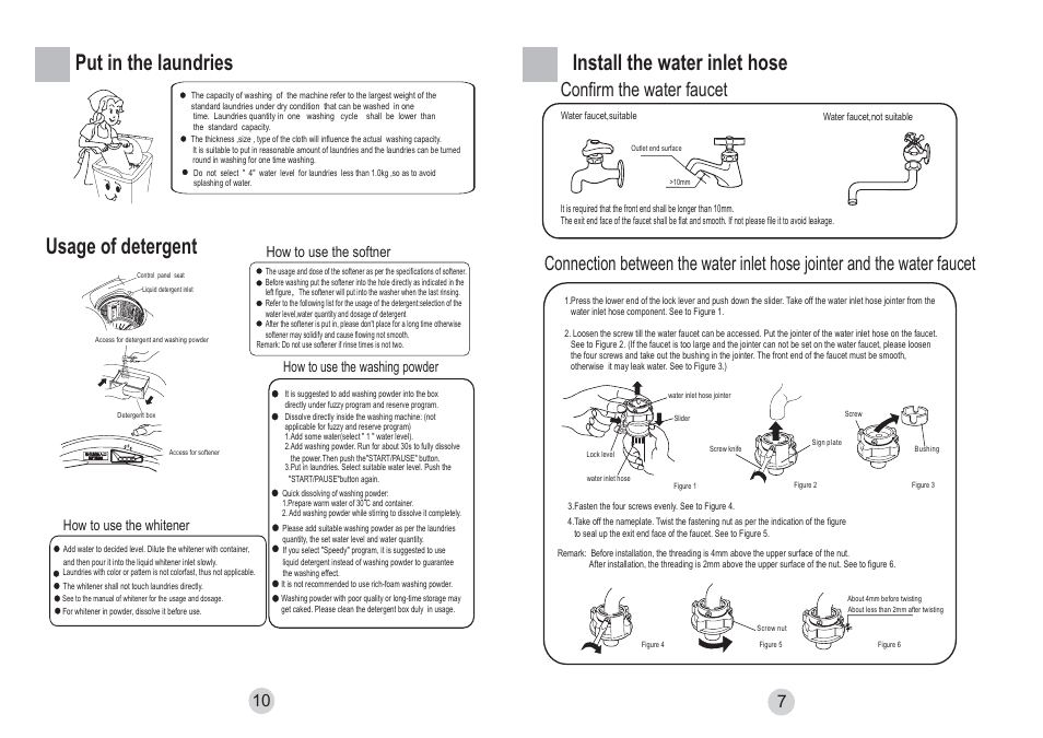 Install the water inlet hose, Put in the laundries, Usage of detergent | Confirm the water faucet, How to use the softner | haier HWM65-828 User Manual | Page 9 / 10