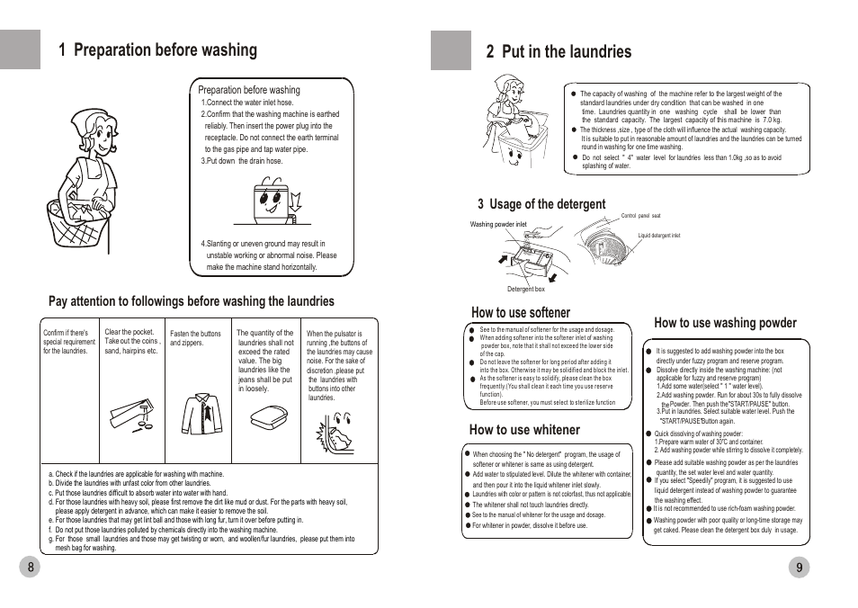 2 put in the laundries, 1 preparation before washing, How to use softener | How to use whitener how to use washing powder, 3 usage of the detergent | haier HWM70-0588 User Manual | Page 10 / 10