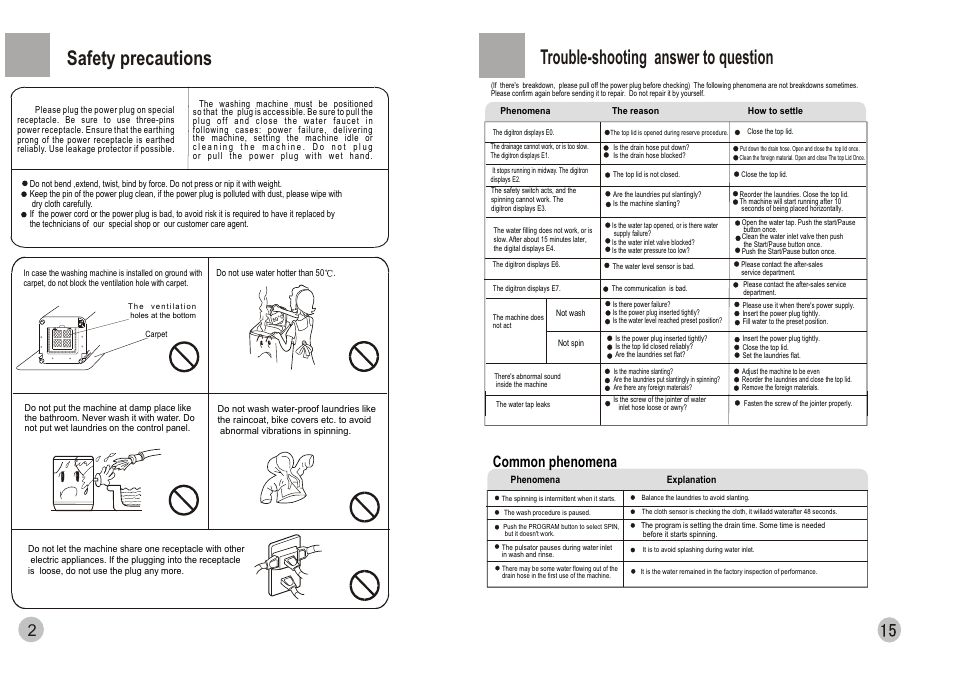 Safety precautions, Trouble-shooting answer to question, Common phenomena | haier HWM70-0588 User Manual | Page 4 / 10