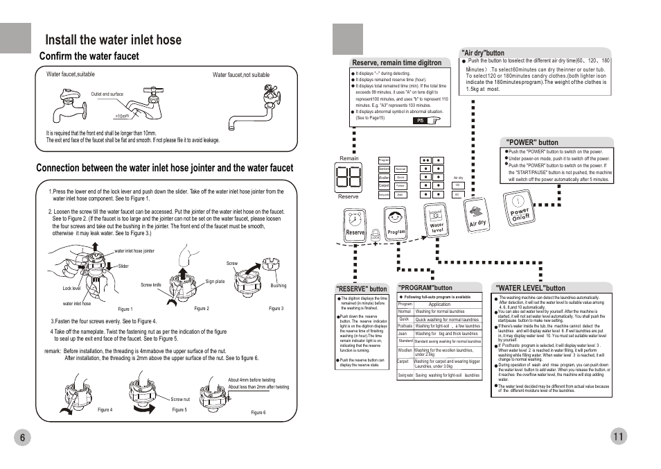 Install the water inlet hose, Confirm the water faucet, Reserve, remain time digitron | Power" button, Water level button, Air dry"button | haier HWM70-0588 User Manual | Page 8 / 10