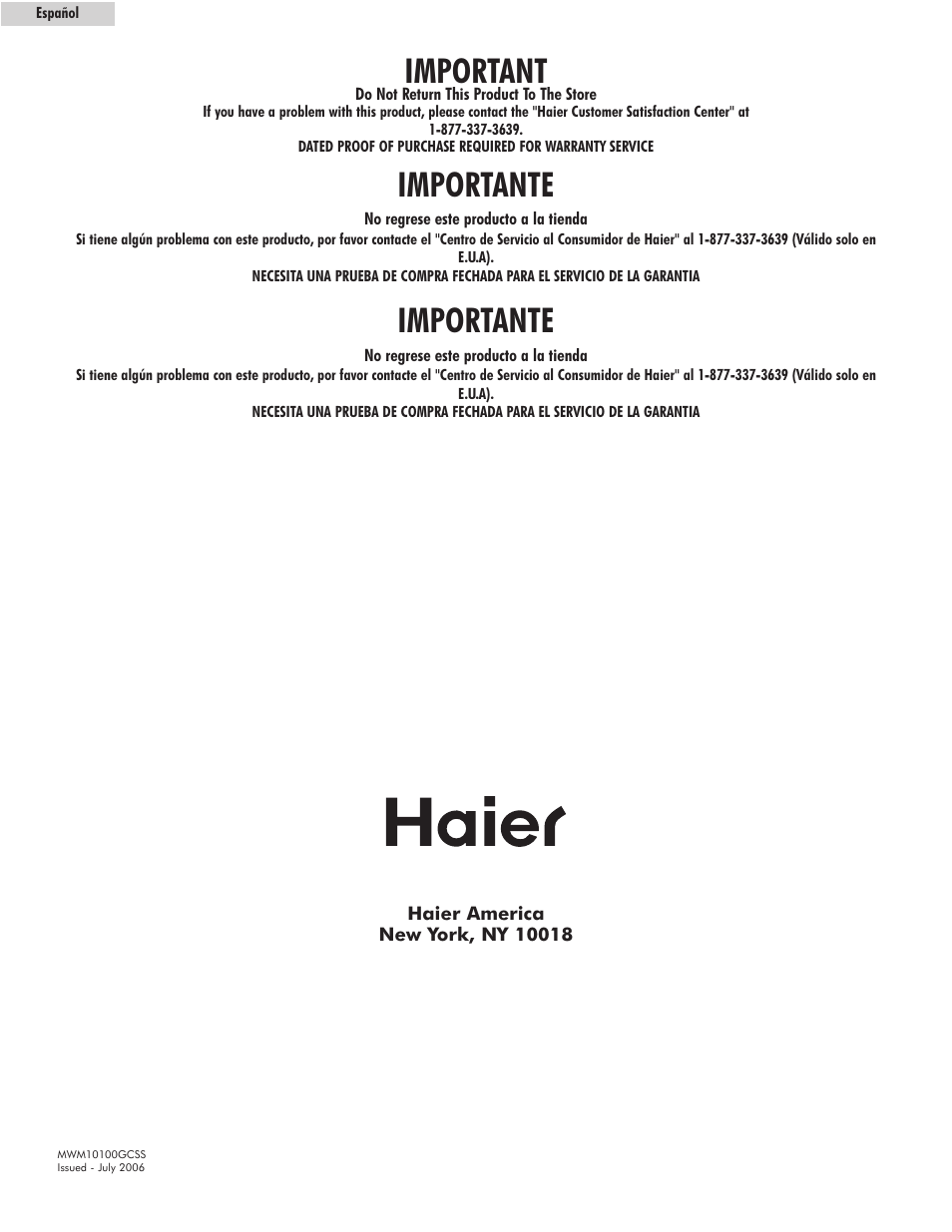 Important, Importante | haier MWM10100GCSS User Manual | Page 17 / 17