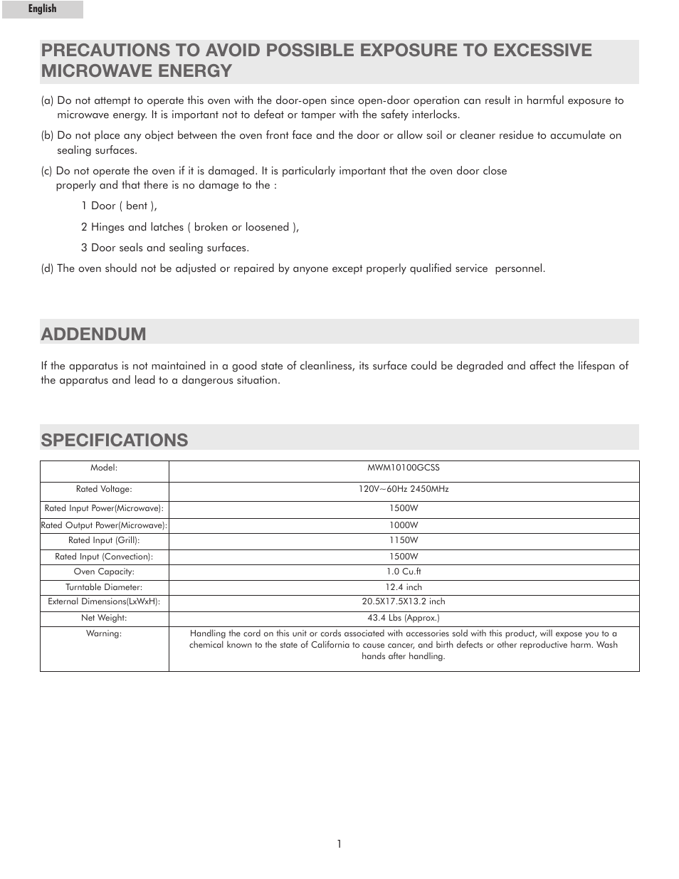 Addendum, Specifications | haier MWM10100GCSS User Manual | Page 2 / 17