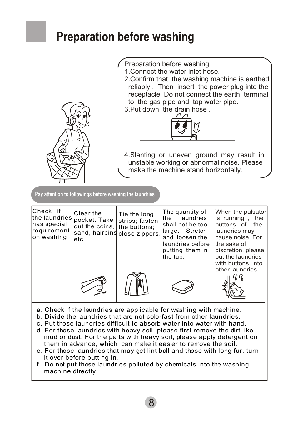 Preparation before washing | haier HWM80-27S User Manual | Page 10 / 20