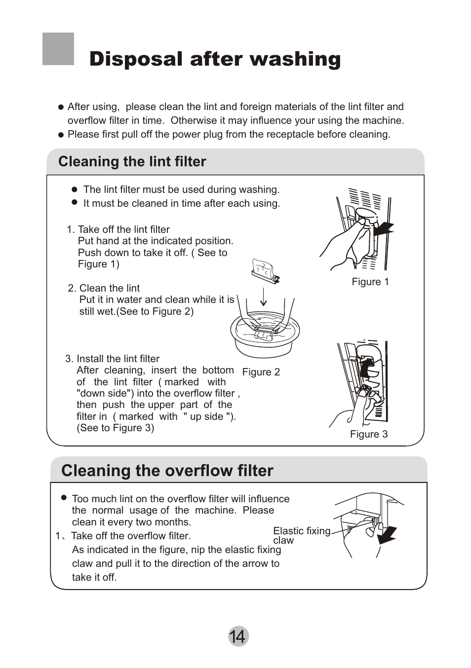 Disposal after washing, Cleaning the overflow filter, Cleaning the lint filter | haier HWM80-27S User Manual | Page 16 / 20