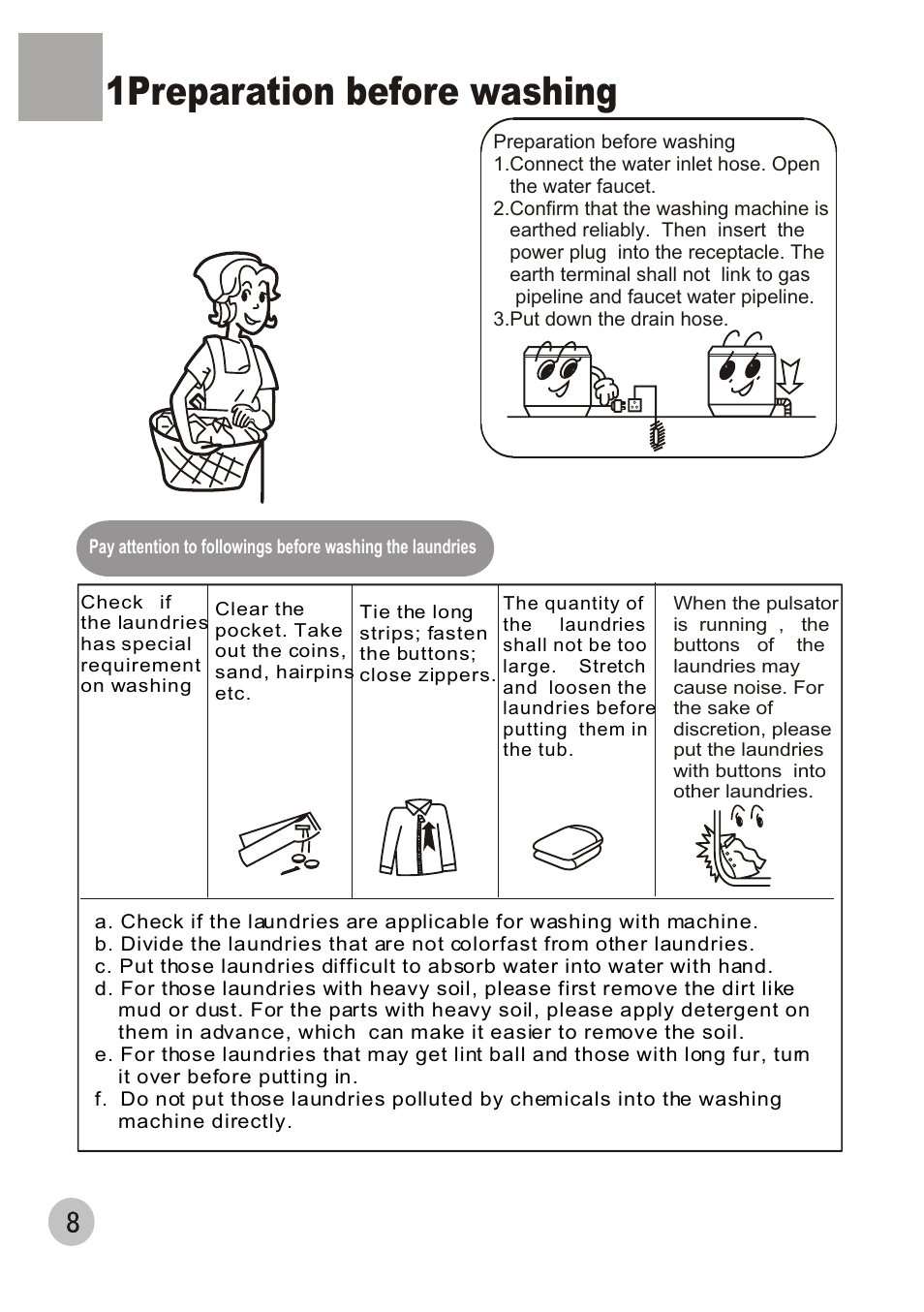 1preparation before washing | haier XQB60-68 User Manual | Page 10 / 19