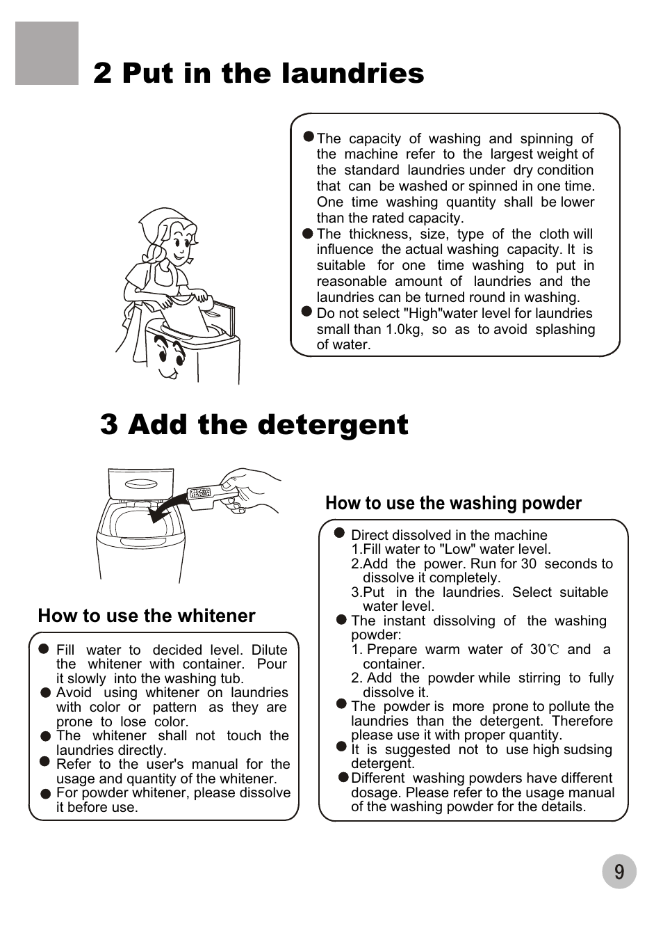 2 put in the laundries, 3 add the detergent | haier XQB60-68 User Manual | Page 11 / 19