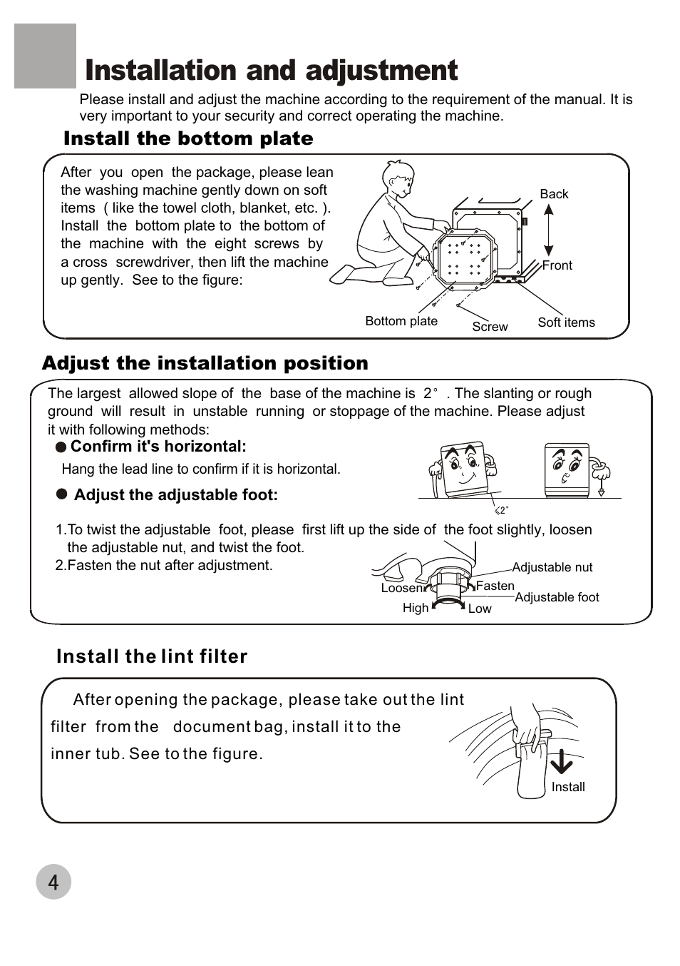Installation and adjustment, Install the bottom plate, Adjust the installation position | Install the lint filter | haier XQB60-68 User Manual | Page 6 / 19