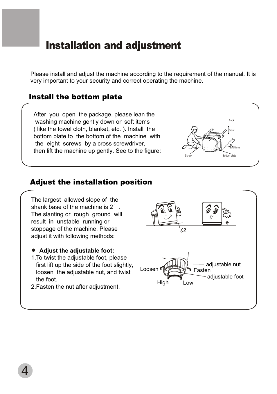 Installation and adjustment | haier HWM50-18 B User Manual | Page 6 / 20