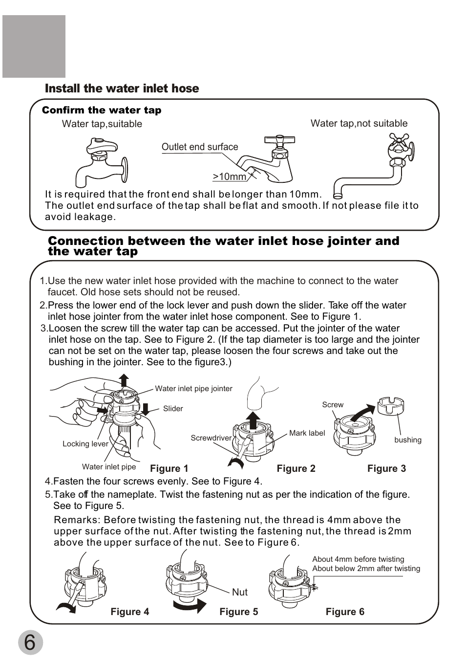 Install the water inlet hose | haier HWM50-18 B User Manual | Page 8 / 20