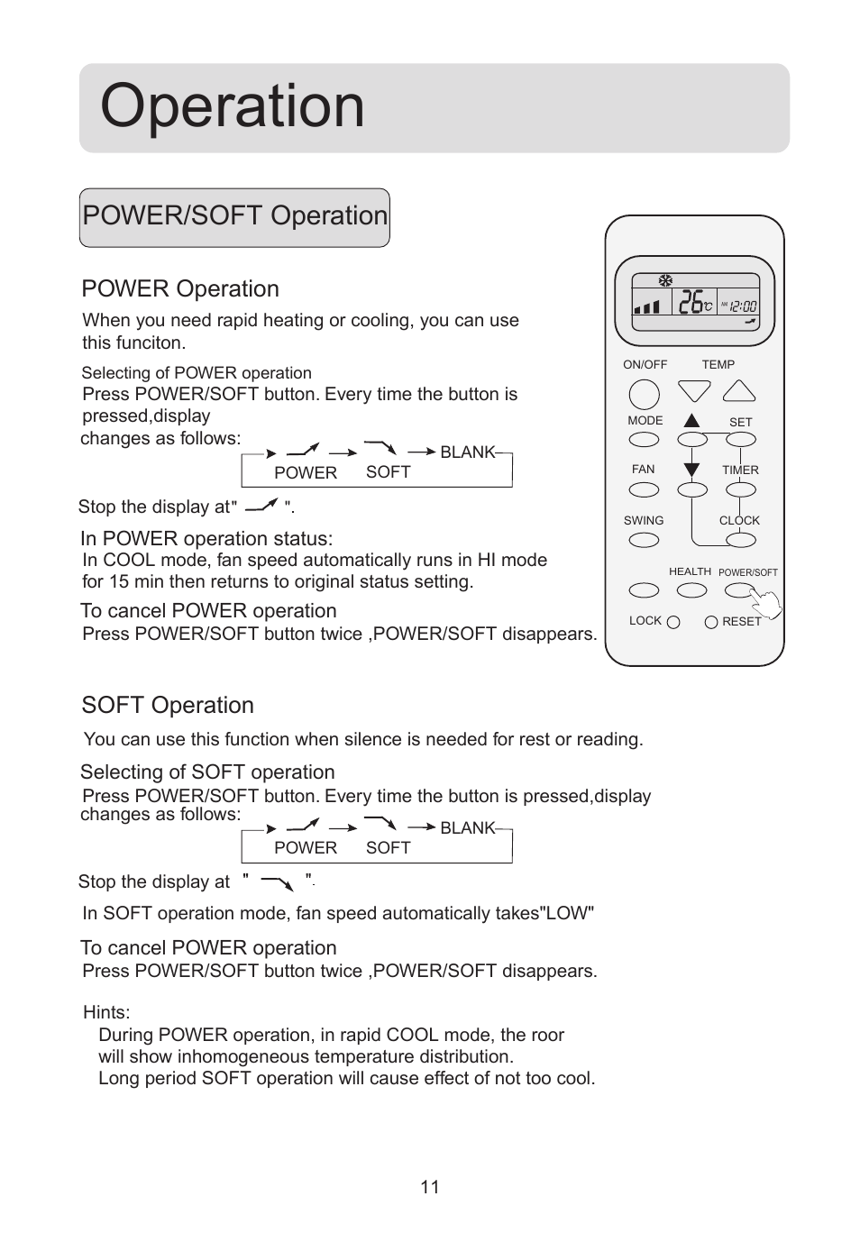 Operation, Power/soft operation, Power operation soft operation | haier 0010518526 User Manual | Page 12 / 18