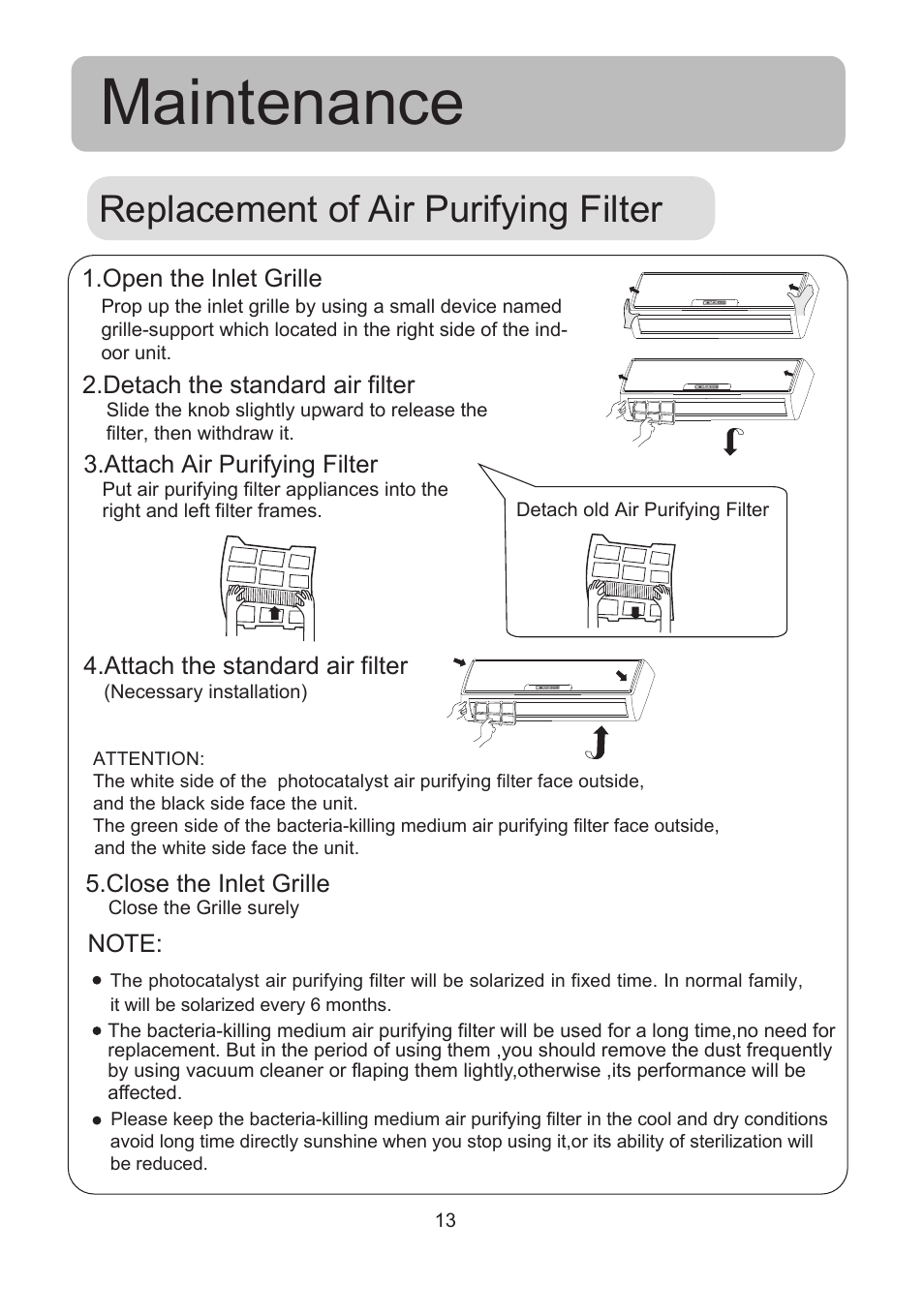 Maintenance, Replacement of air purifying filter | haier 0010518526 User Manual | Page 14 / 18
