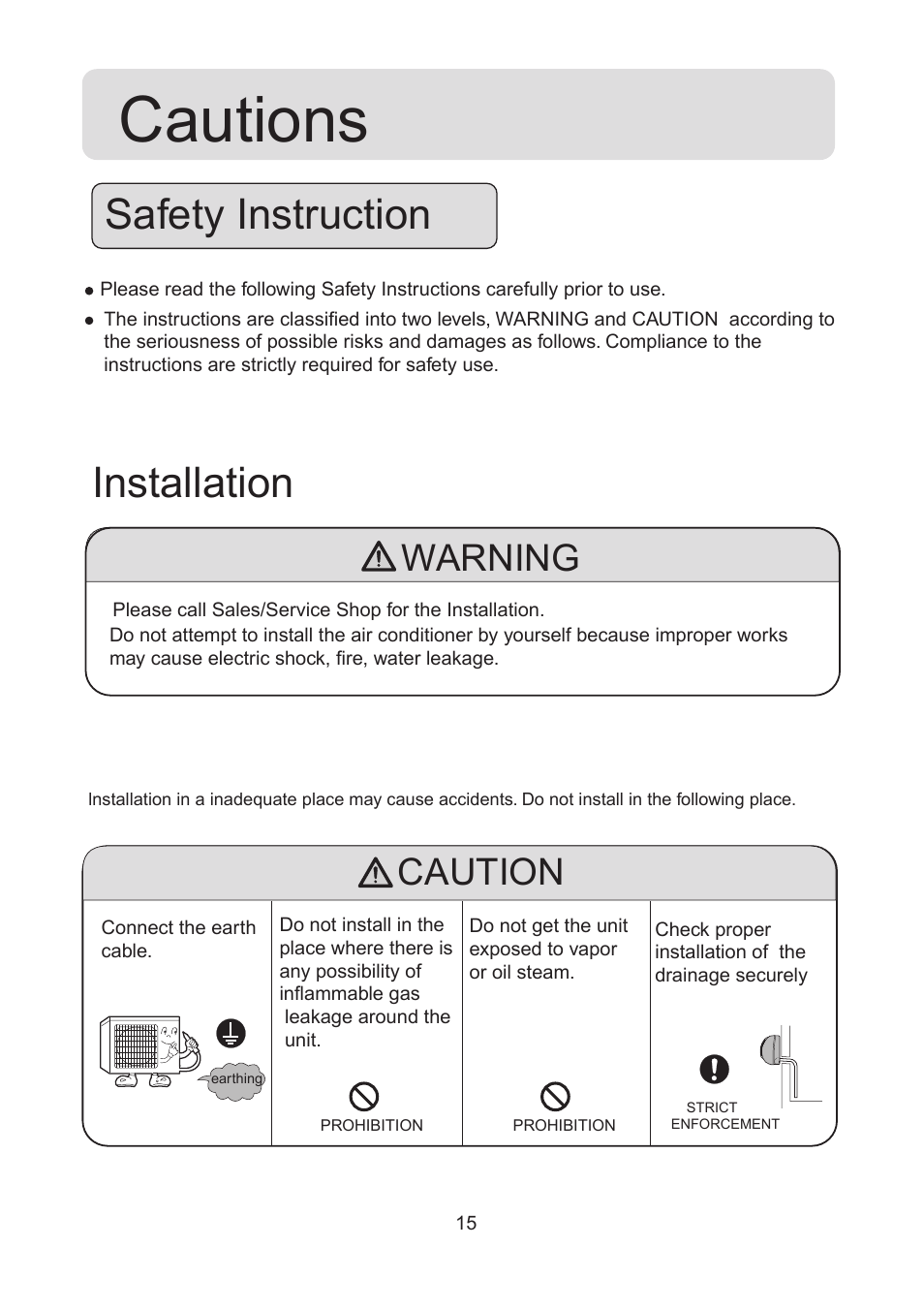 Cautions, Safety instruction installation, Warning | Caution | haier 0010518526 User Manual | Page 16 / 18