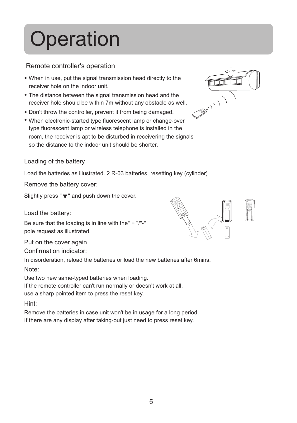 Operation, Remote controller's operation, Loading of the battery | Remove the battery cover, Load the battery, Put on the cover again confirmation indicator, Hint | haier 0010518526 User Manual | Page 6 / 18