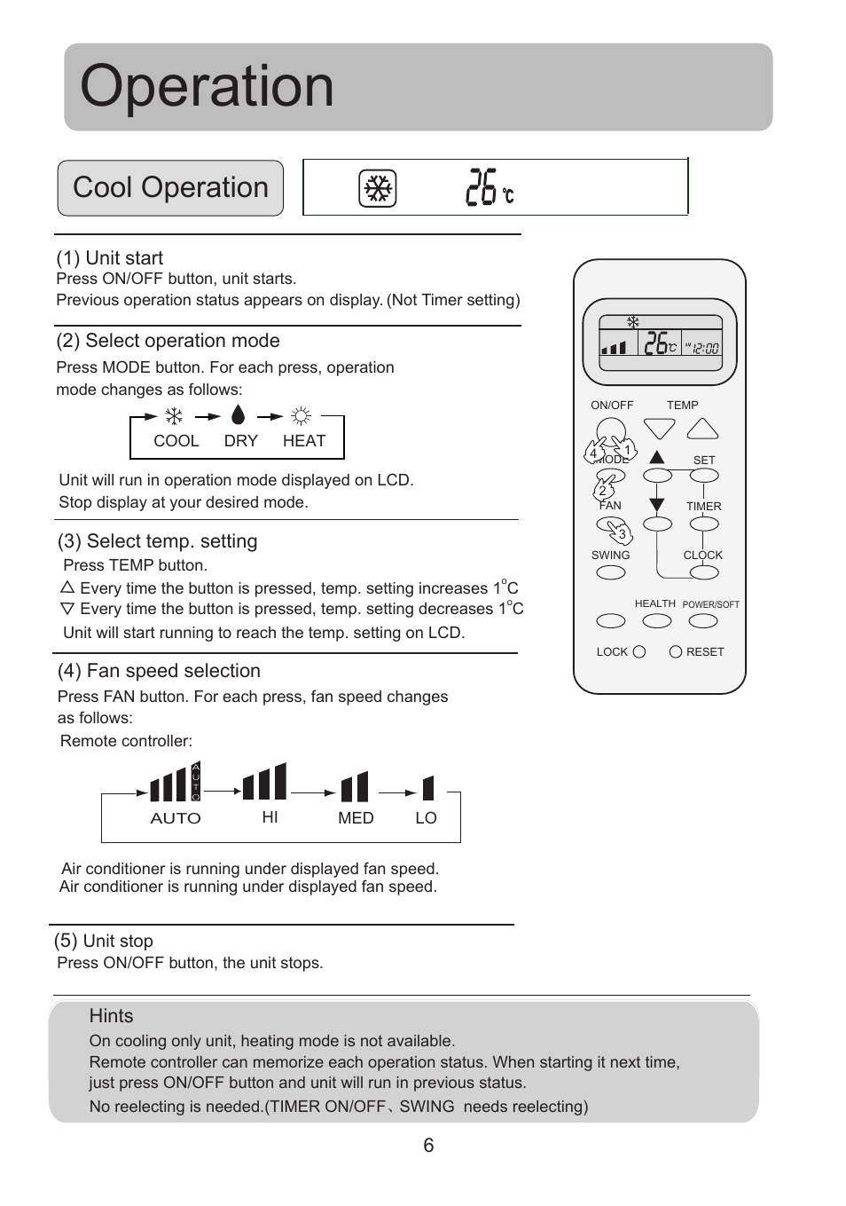 Operation, Cool operation | haier 0010518526 User Manual | Page 7 / 18