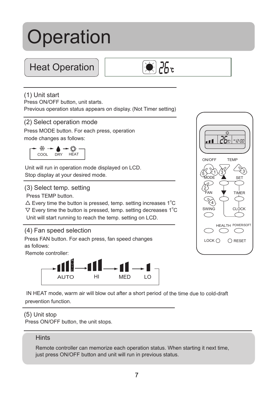 Operation, Heat operation, 1) unit start | 2) select operation mode (3) select temp. setting, 4) fan speed selection, Hints | haier 0010518526 User Manual | Page 8 / 18